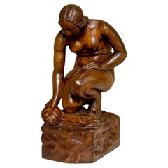 Bauhaus / Wiener Werkstätte School Wood Sculpture of Crouching Venus, Signed