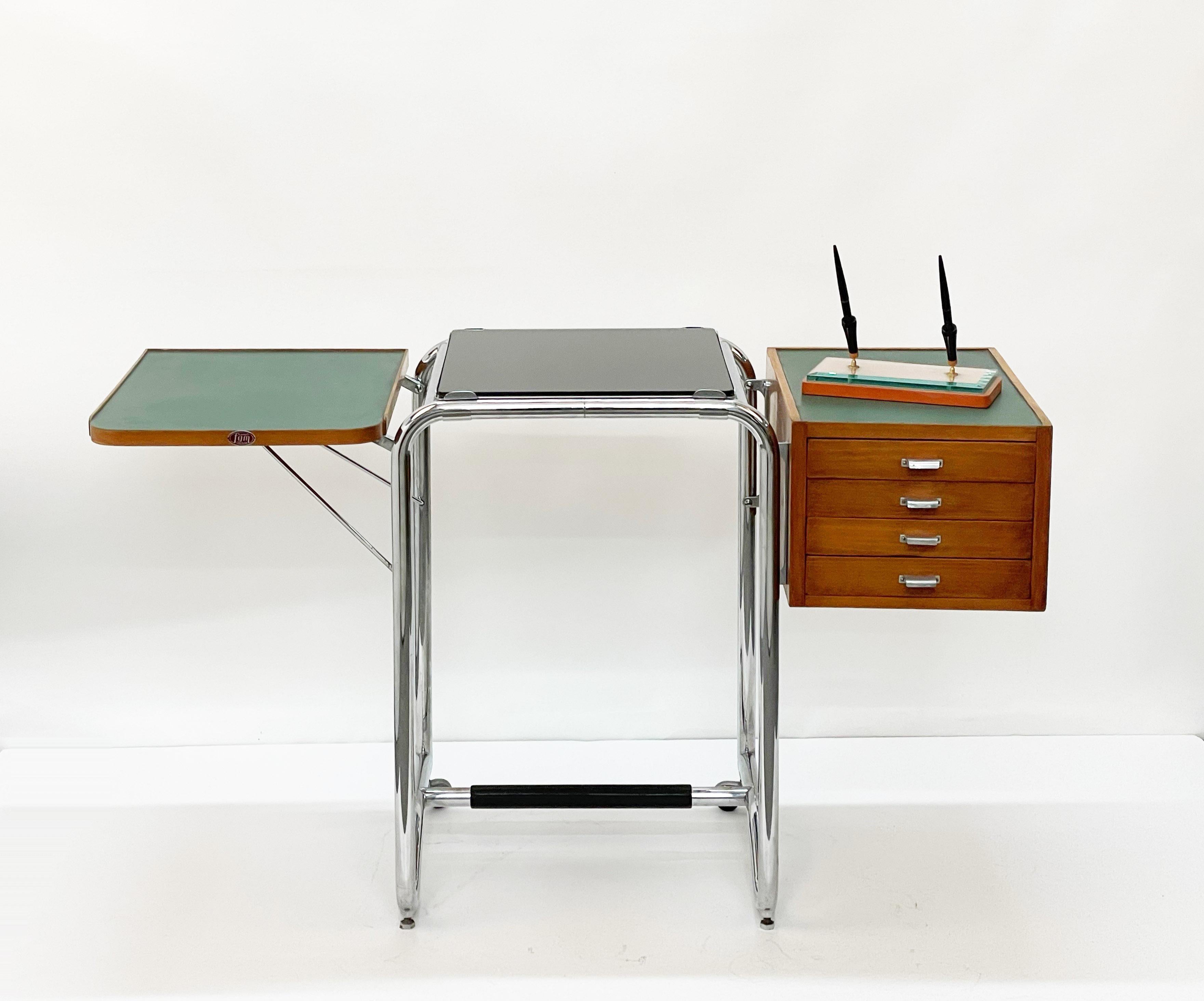 Bauhaus Jean Burkhalter Chrome Tubular Foldable Desk with Drawers France 1930s 3