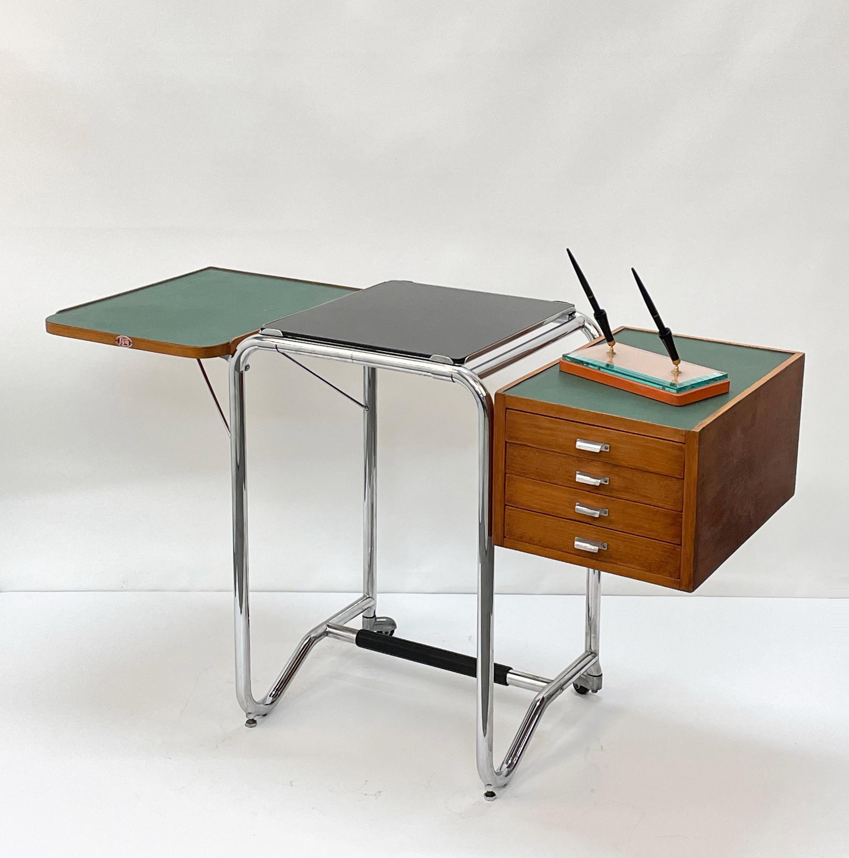 French Bauhaus Jean Burkhalter Chrome Tubular Foldable Desk with Drawers France 1930s