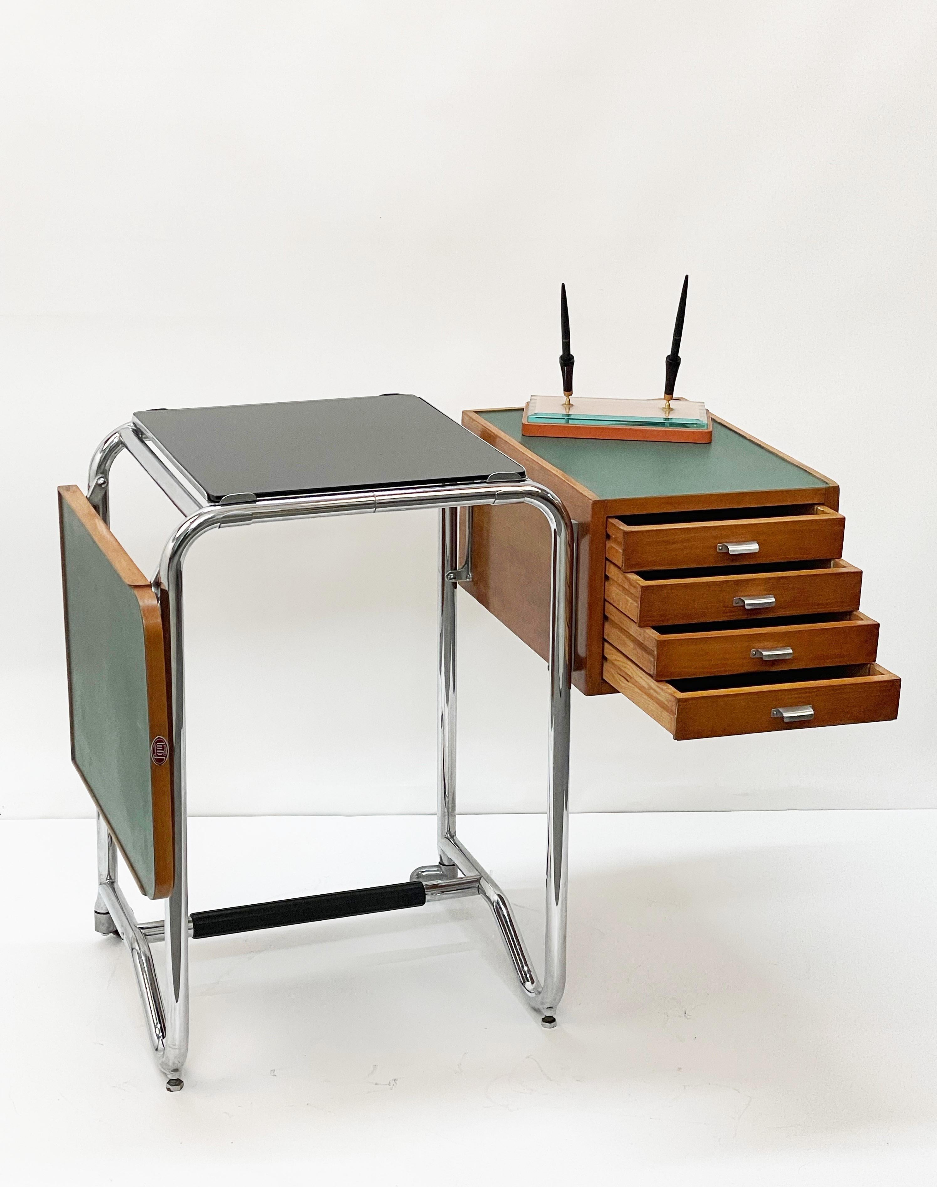Bauhaus Jean Burkhalter Chrome Tubular Foldable Desk with Drawers France 1930s In Good Condition In Roma, IT