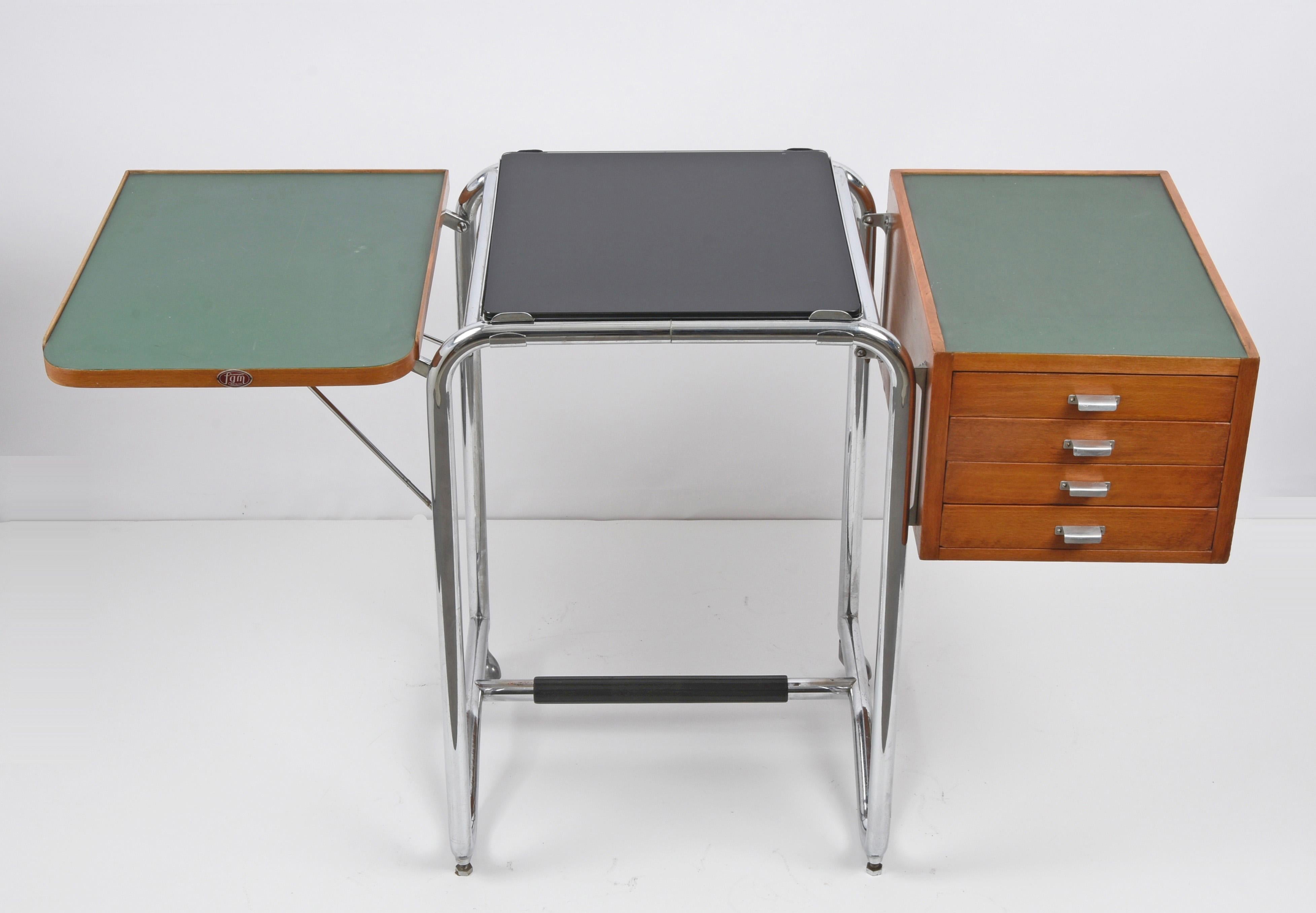 Bauhaus Jean Burkhalter Chrome Tubular Foldable Desk with Drawers France 1930s 2