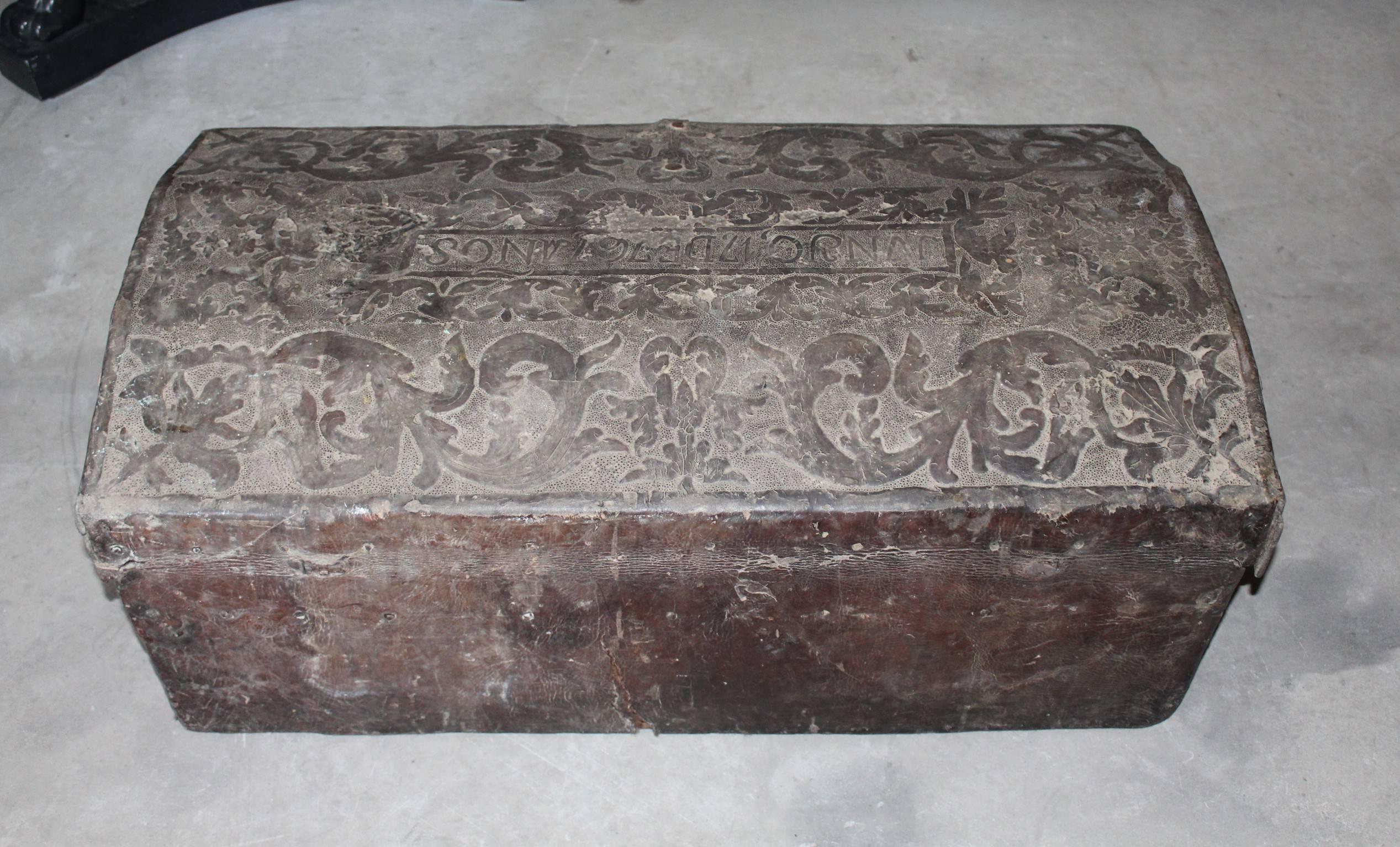 18th Century Peruvian Engraved Leather Decorated Dome Top Trunk Dated 1767 For Sale 5