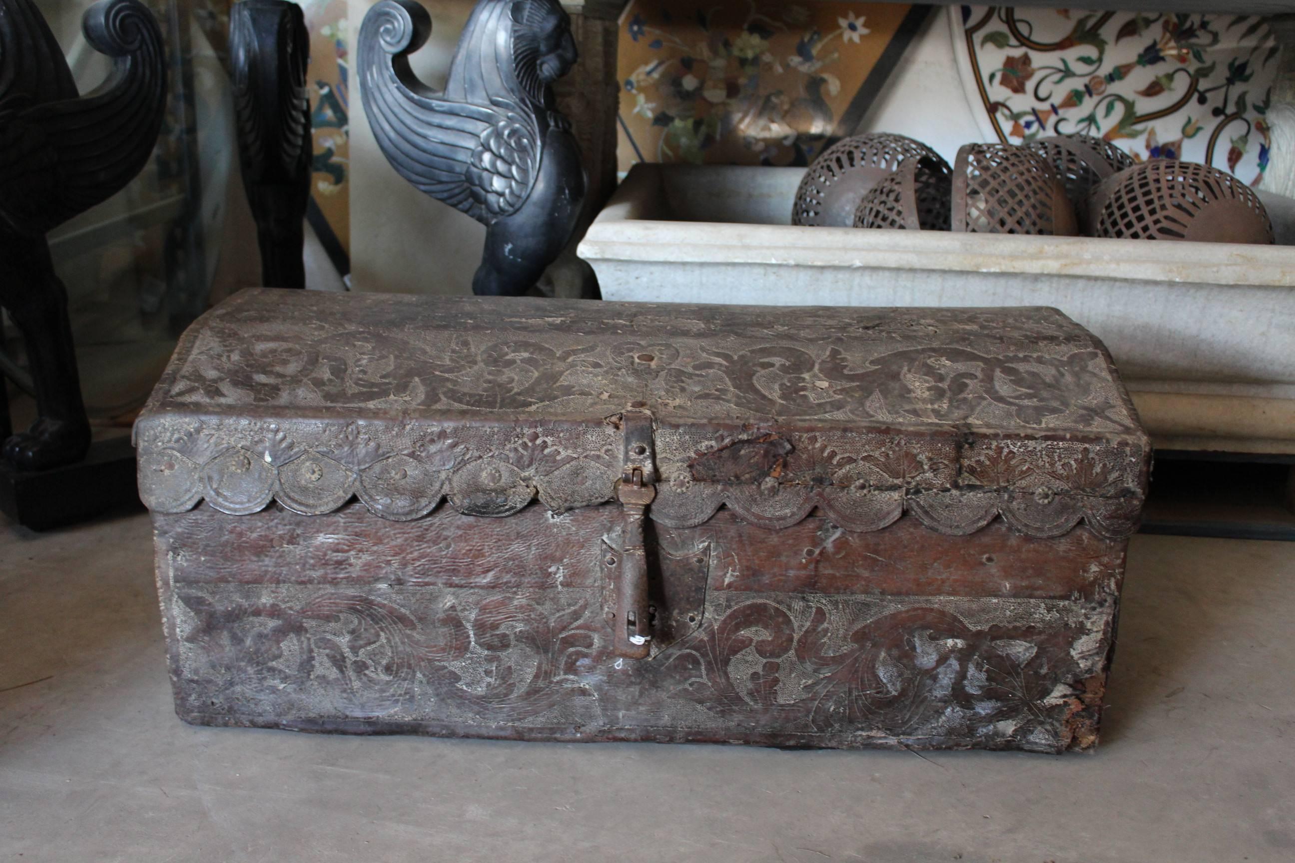 18th Century Peruvian engraved leather covered wooden dome top trunk with the inscription 