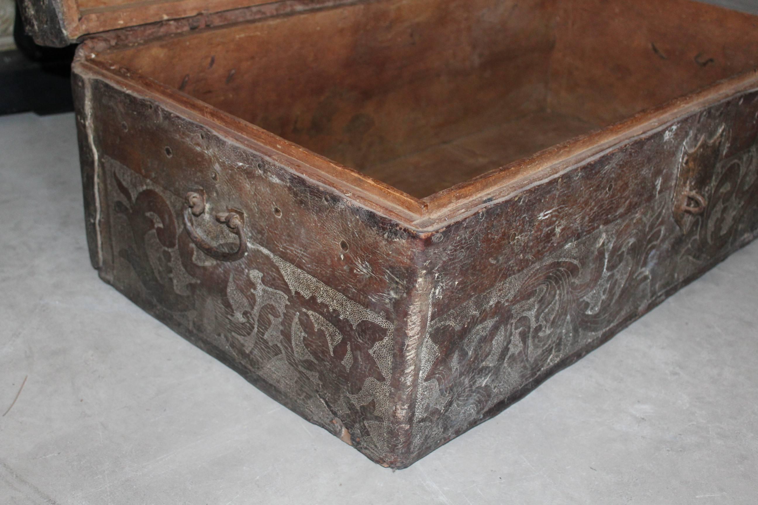 18th Century and Earlier 18th Century Peruvian Engraved Leather Decorated Dome Top Trunk Dated 1767 For Sale