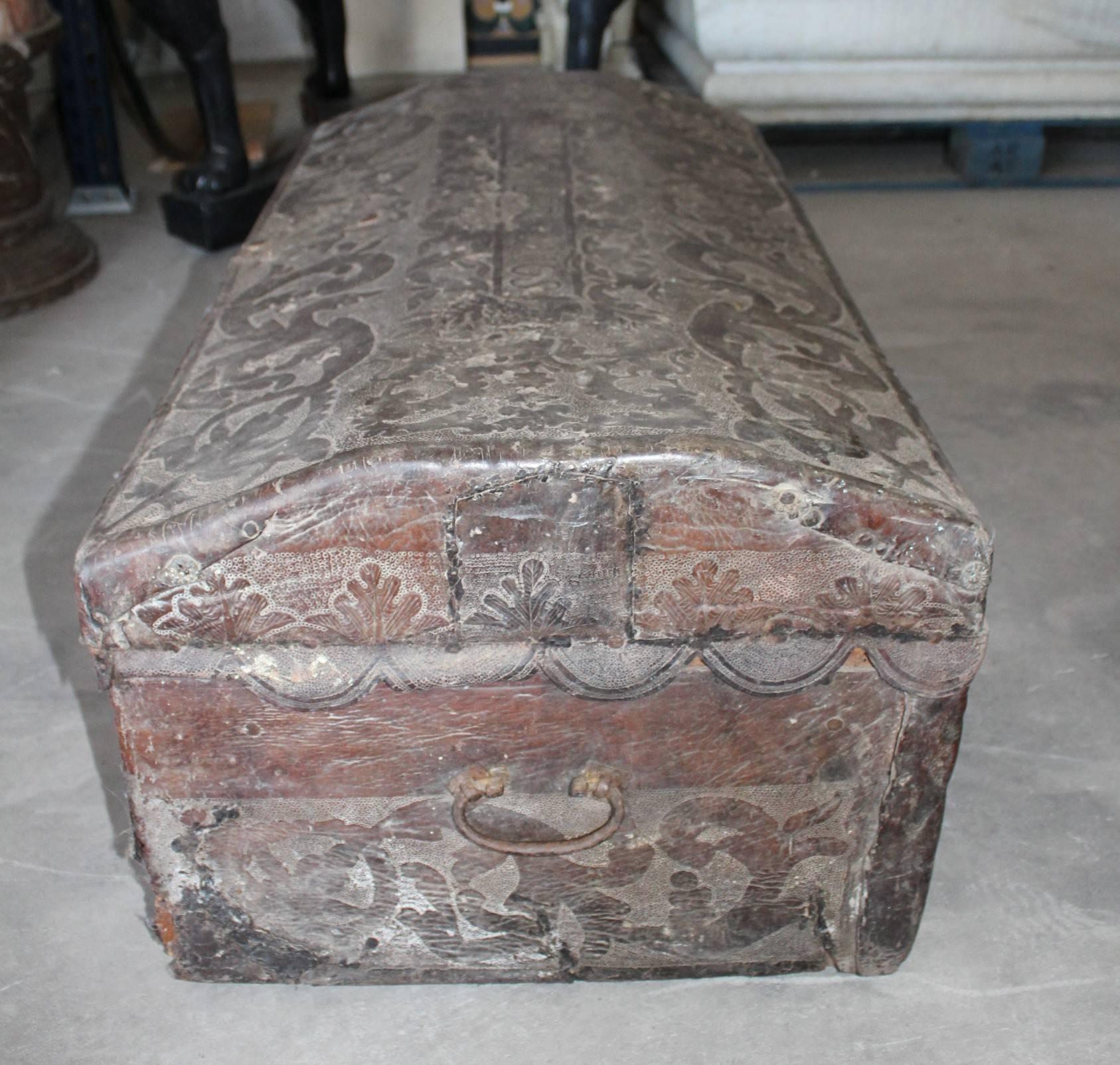 18th Century Peruvian Engraved Leather Decorated Dome Top Trunk Dated 1767 For Sale 2