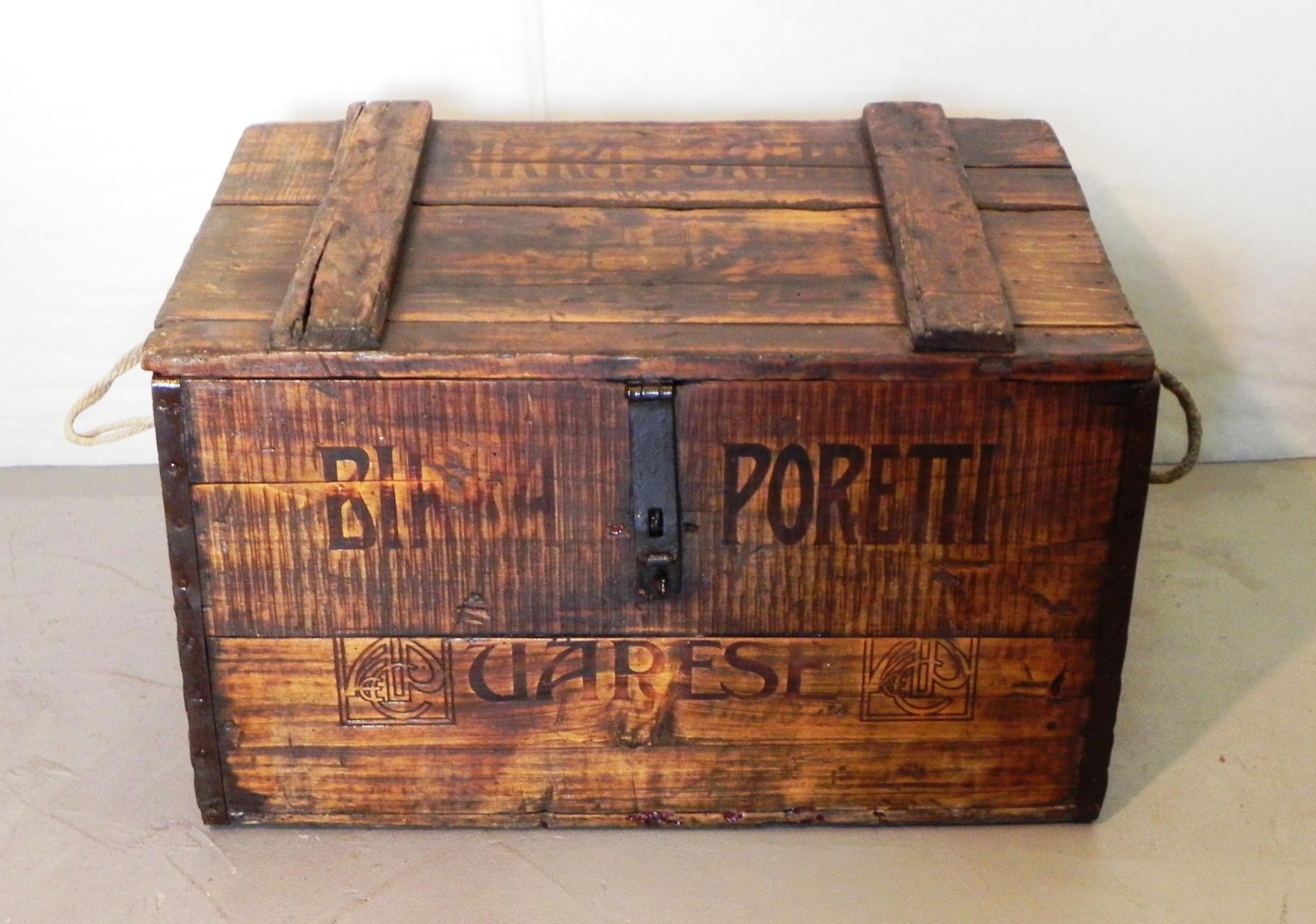 baúl antiguo para botellas, Birra Poretti Varese. madera maciza de roble. artículo raro, data de 1912 a partir del logotipo 