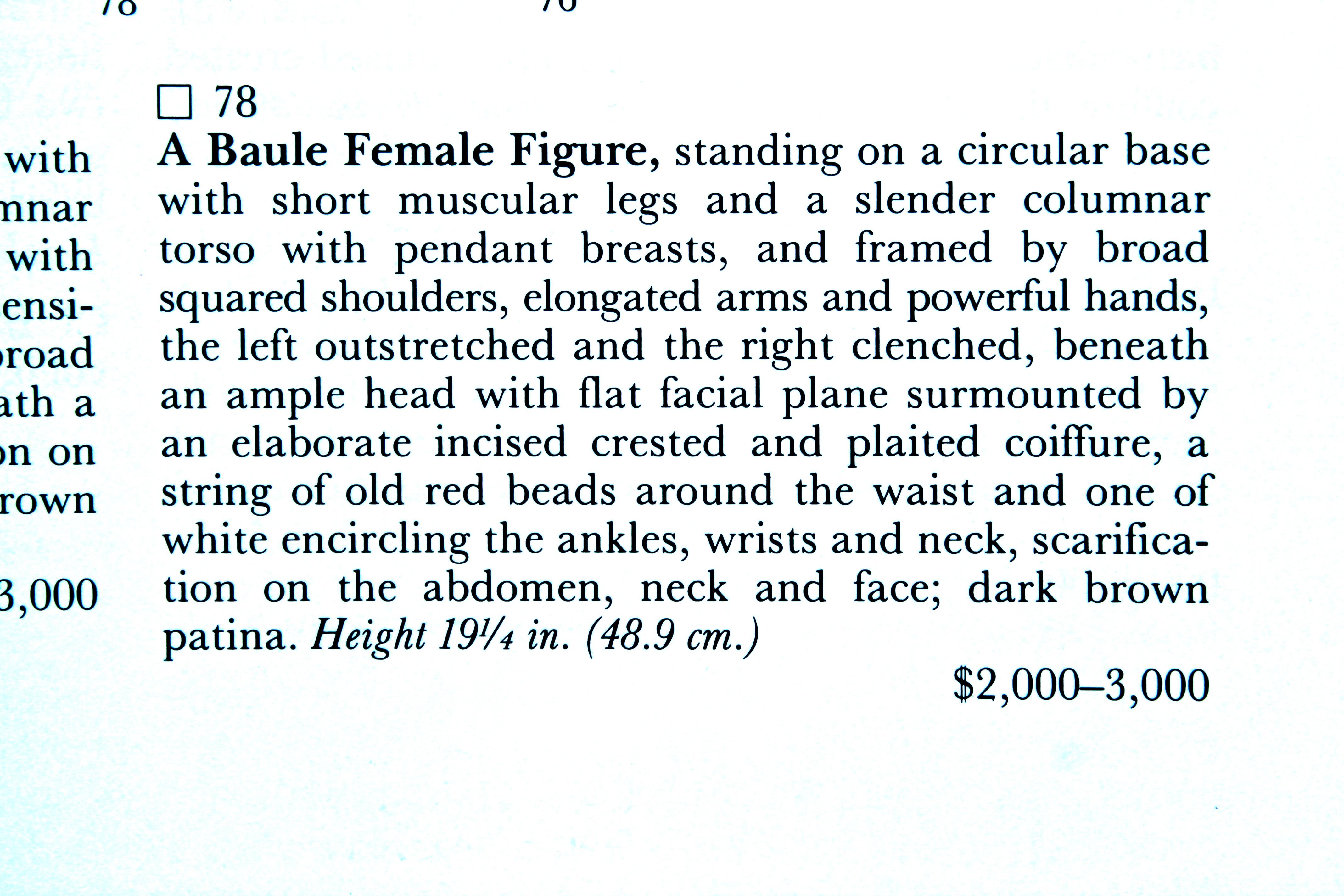 Bois Figure féminine en bois sculpté Baule, sculpture africaine, provenance de Sotheby's en vente