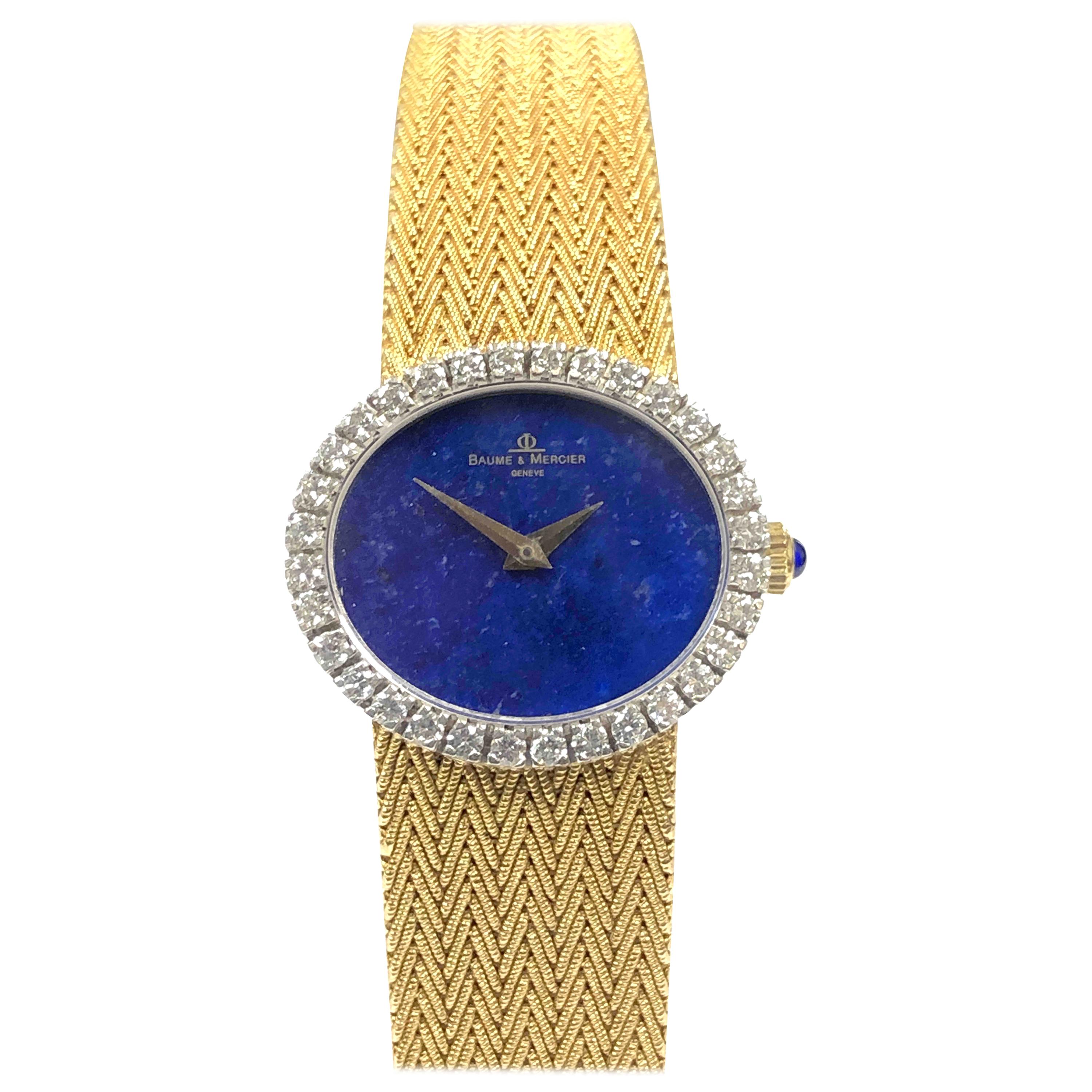 Baum & Mercier Gold Lapis Dial and Diamond Set Ladies Wristwatch