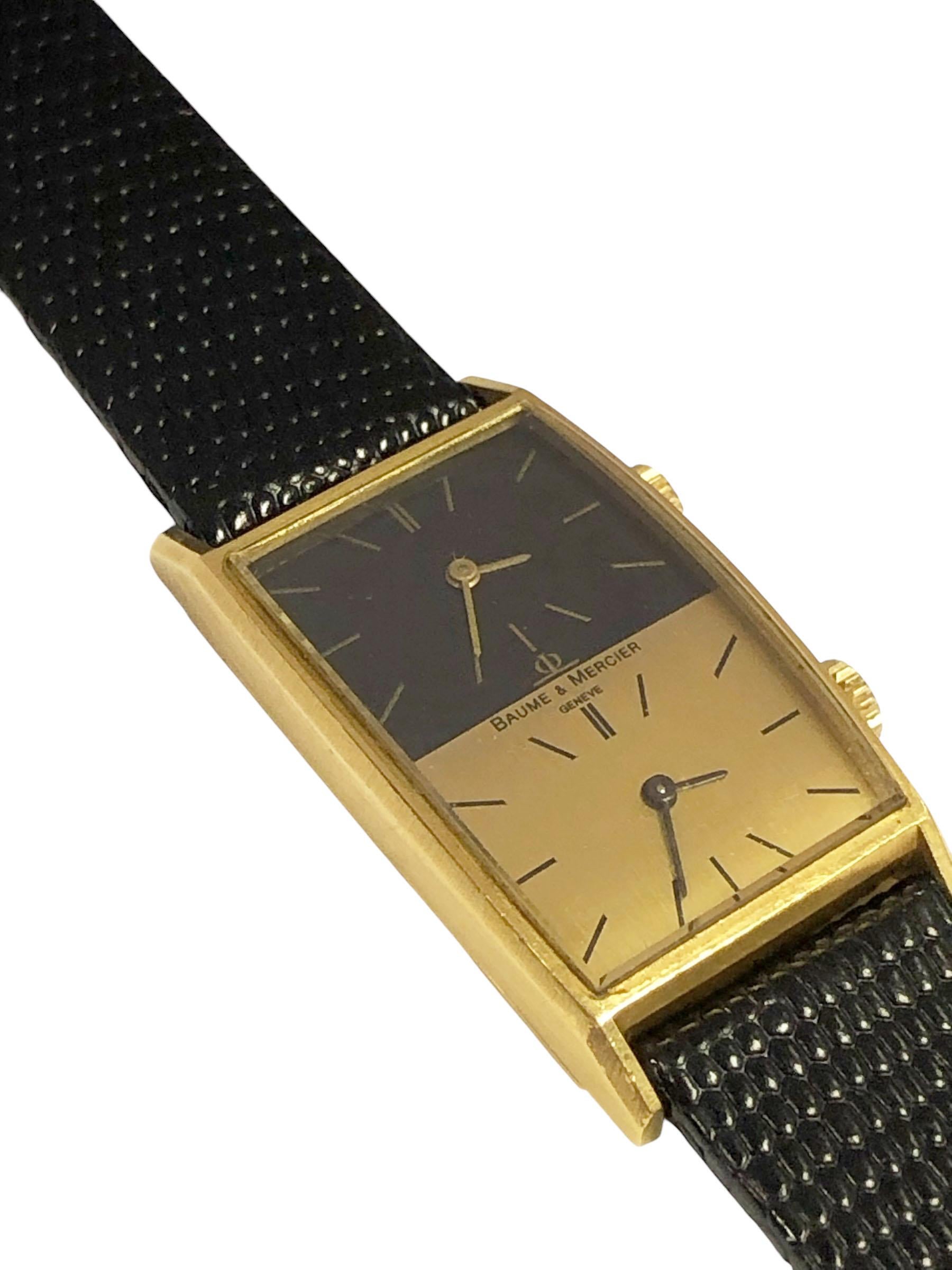 Baum & Mercier Vintage Yellow Gold 2 Time Zone Wrist Watch In Excellent Condition For Sale In Chicago, IL