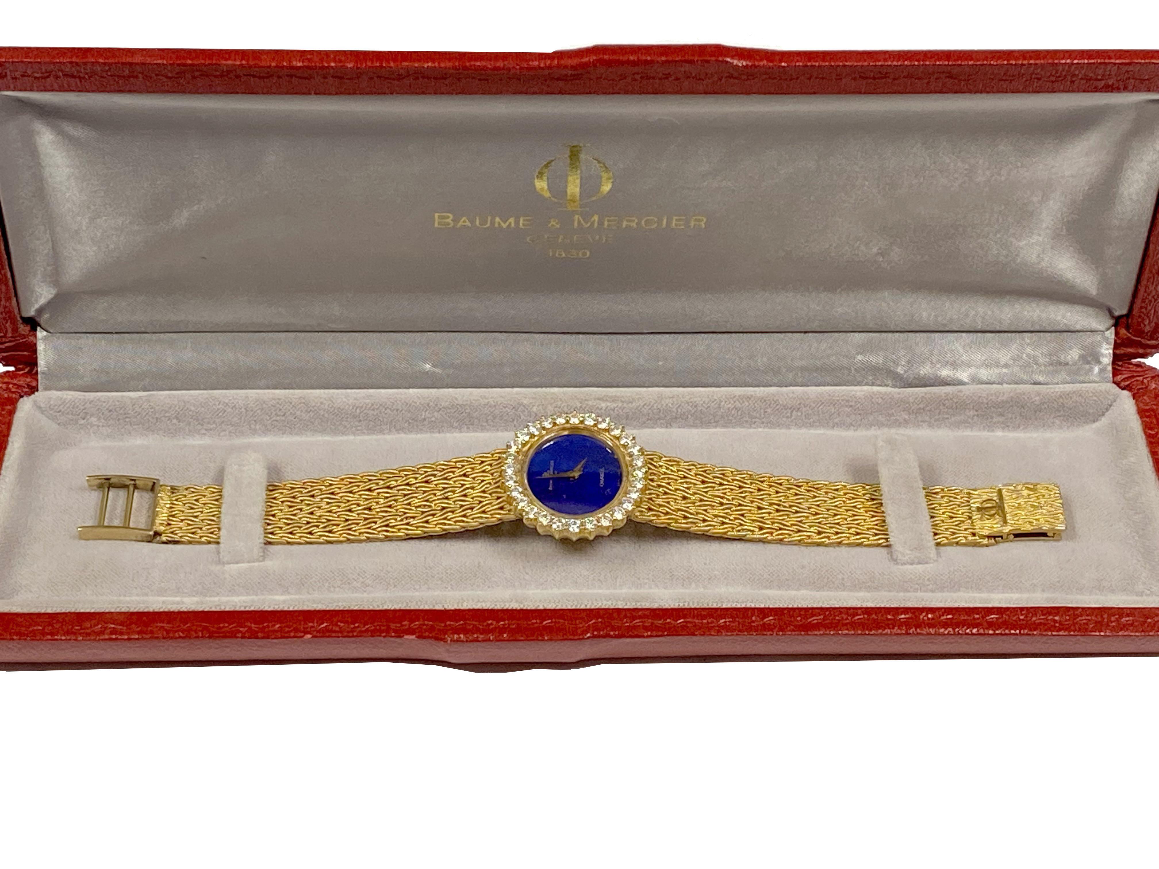 Round Cut Baum & Mercier Yellow Gold Lapis Dial and Diamonds Ladies Mechanical Wrist watch