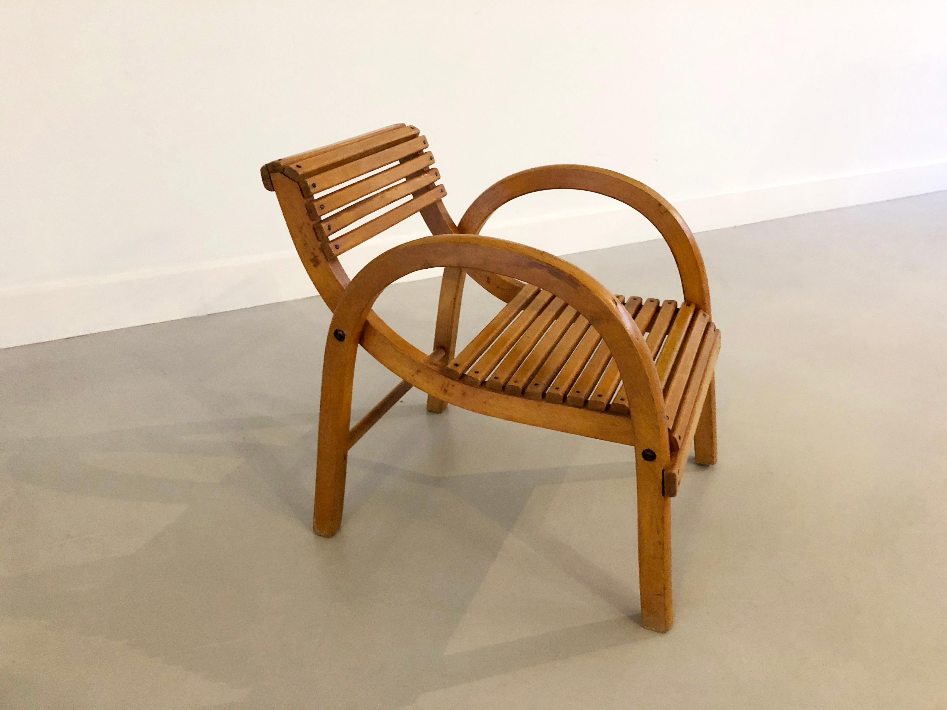 Child bentwood chair, French design children furnitures, Beech wood Baumann modernist design. 

Baumann factory is a furniture company located in a former clog factory in Colombier-Fontaine in the Doubs (France). It is one of the twentieth century’s
