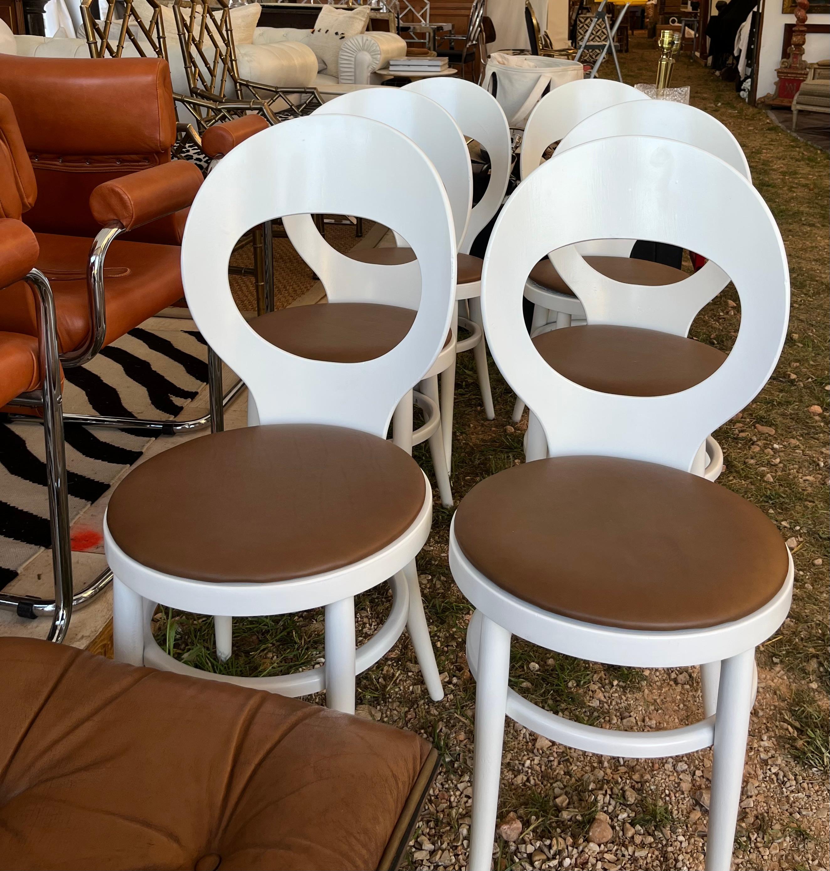 French Baumann Set of 6 Bentwood Painted Chairs with Leather Seats