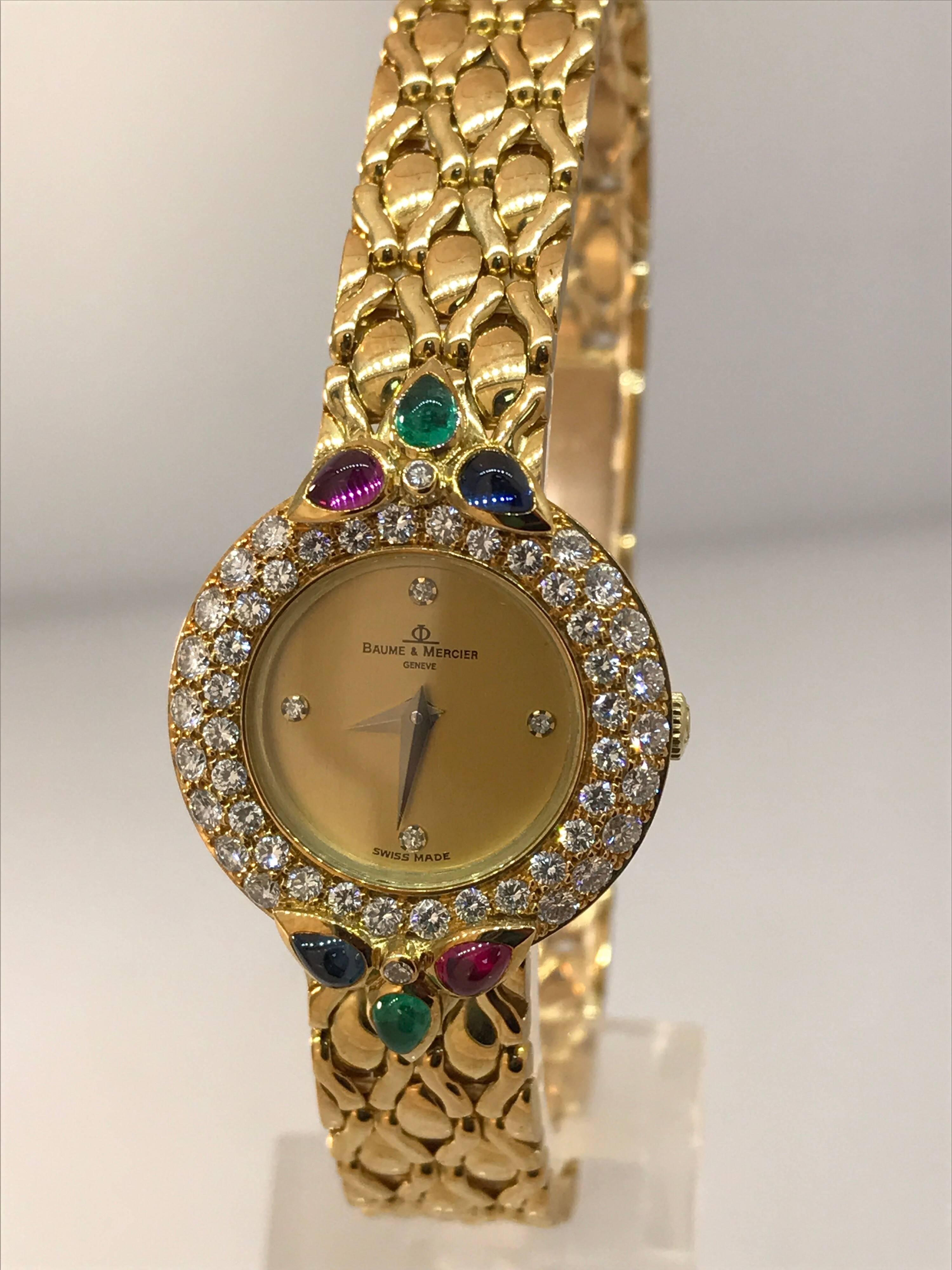Baume & Mercier 18K Gold Lady's watch with Diamonds, Rubies, Emeralds, Sapphires For Sale 2