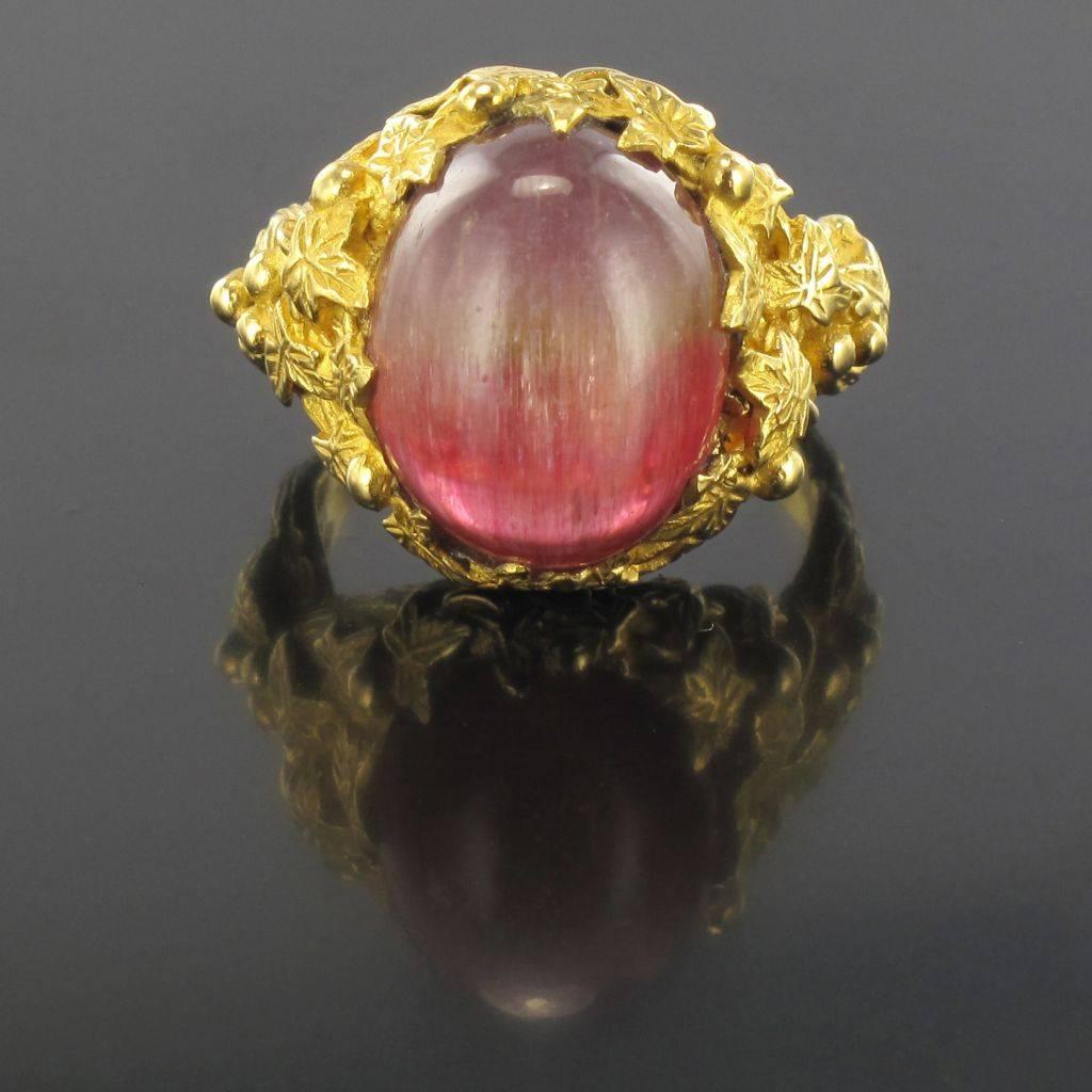 Baume Creation 16 Carat Watermelon Cabochon Tourmaline 18 Karat Yellow Gold Ring In New Condition In Poitiers, FR