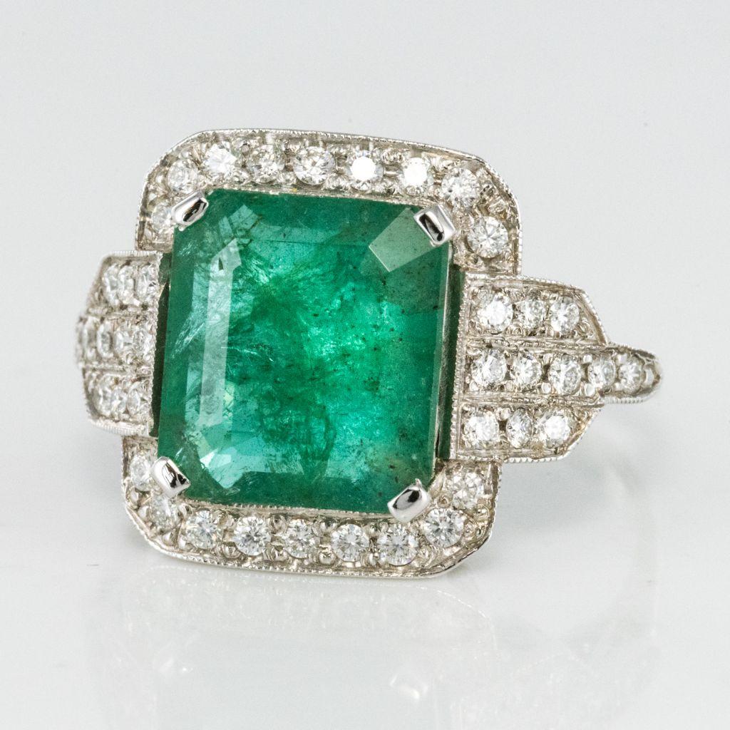 Art Deco Baume 4.65 Carat Emerald Diamond Gold Ring