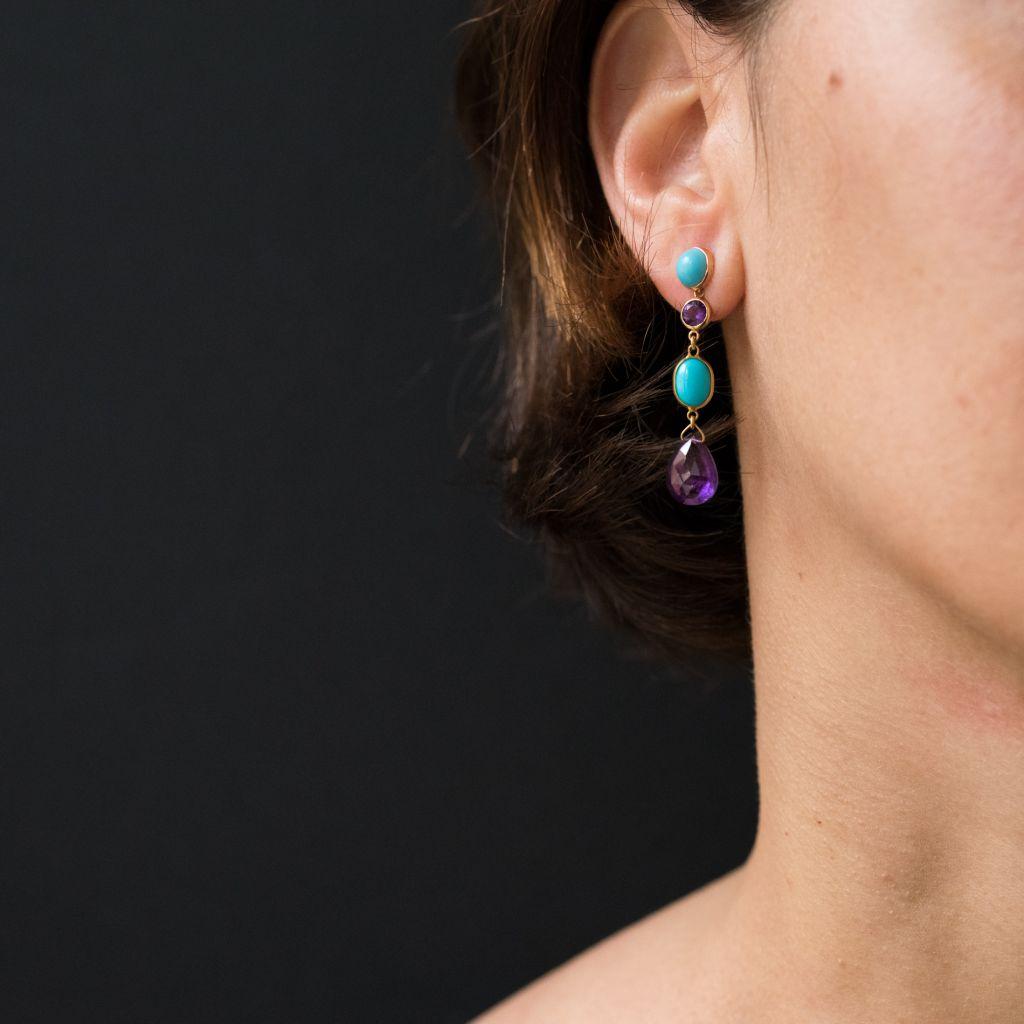 Baume Amethyst Turquoise Gold Drop Earrings In New Condition In Poitiers, FR