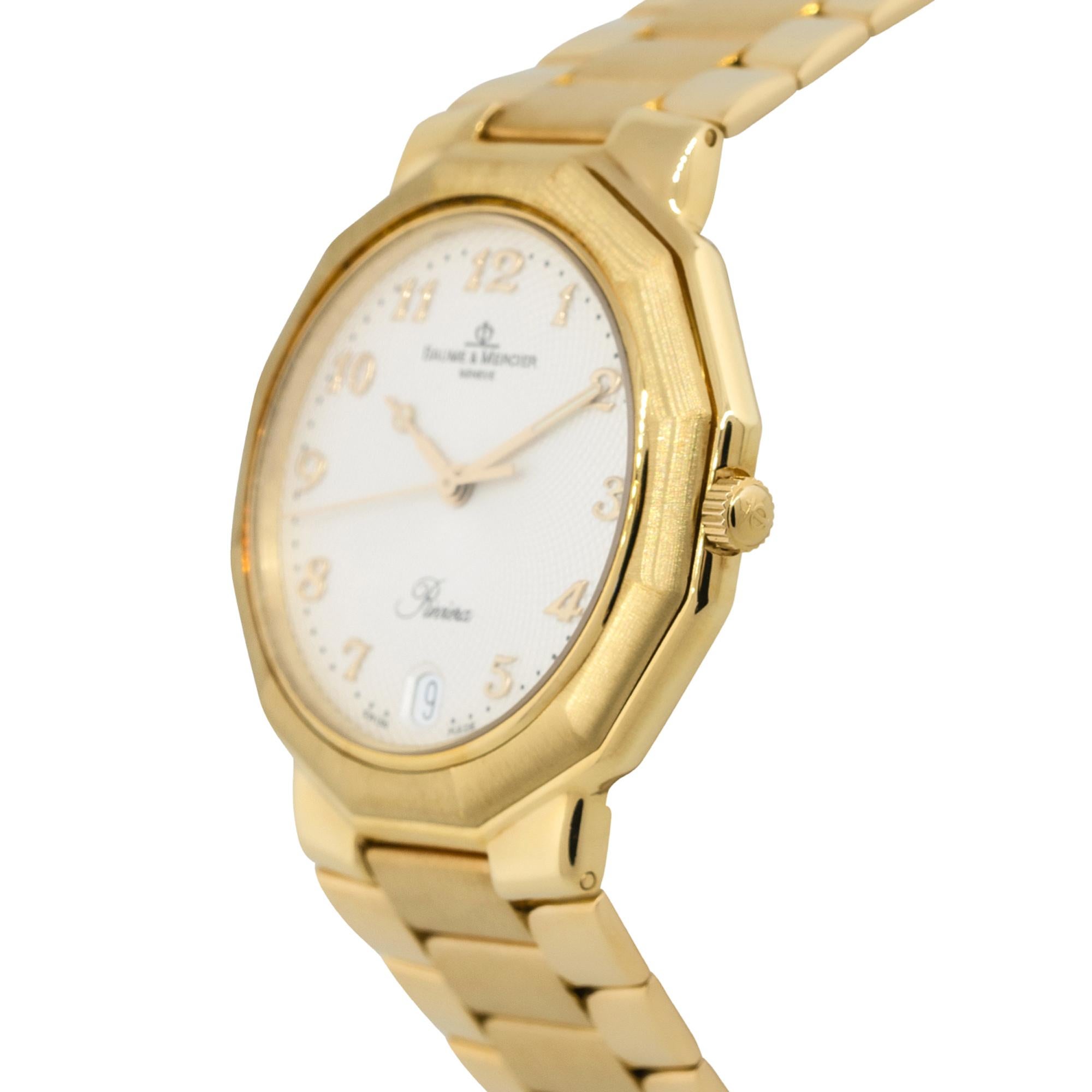 Montre Baume & Mercier 87012.9 Riviera en or jaune 18k cadran blanc Excellent état - En vente à Boca Raton, FL