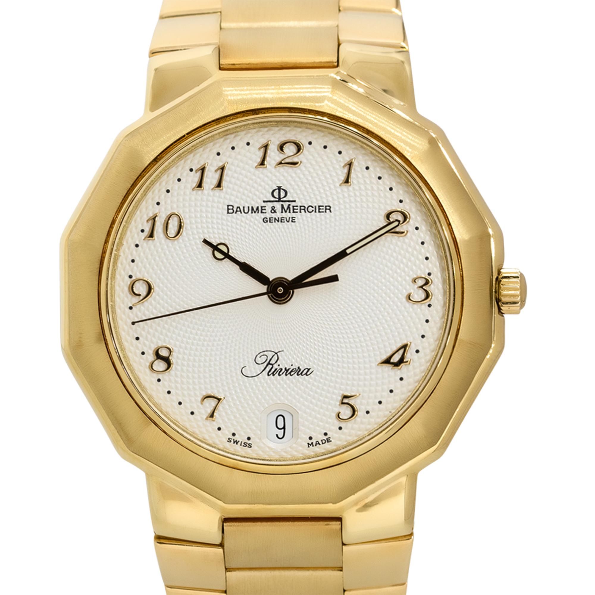 Montre Baume & Mercier 87012.9 Riviera en or jaune 18k cadran blanc Unisexe en vente