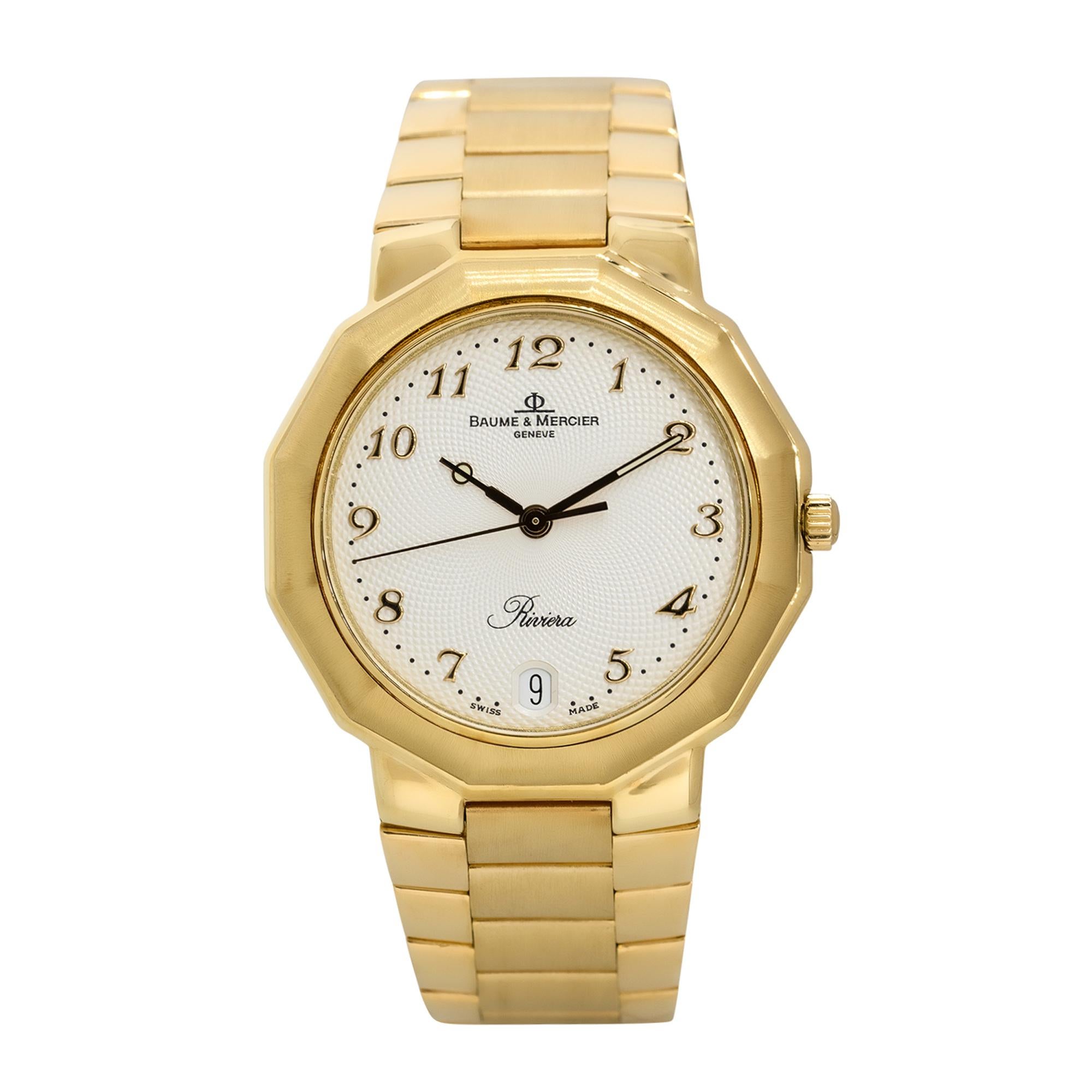 Montre Baume & Mercier 87012.9 Riviera en or jaune 18k cadran blanc en vente 1