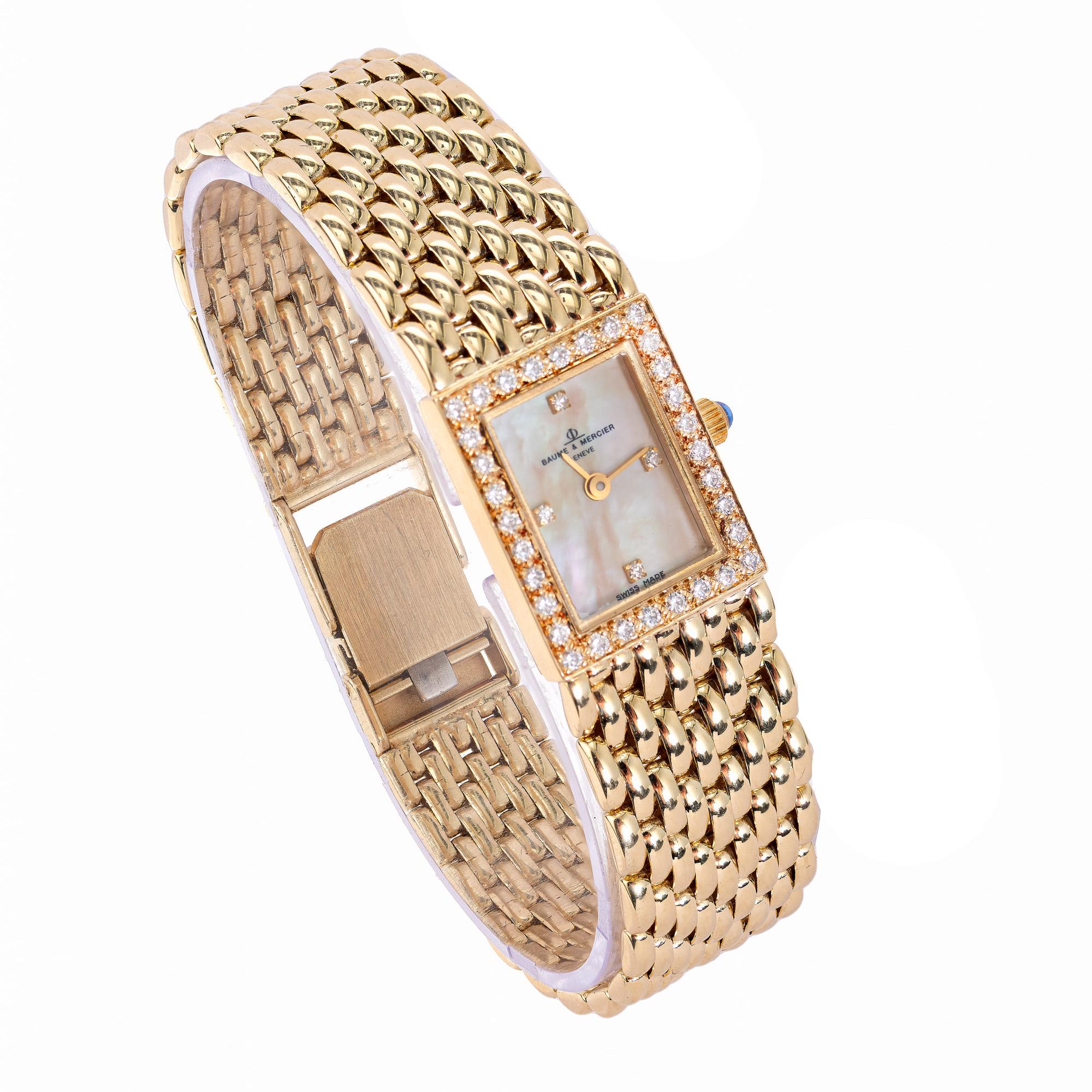 Round Cut Baume and Mercier .17 Carat Diamond Yellow Gold Ladies Wristwatch