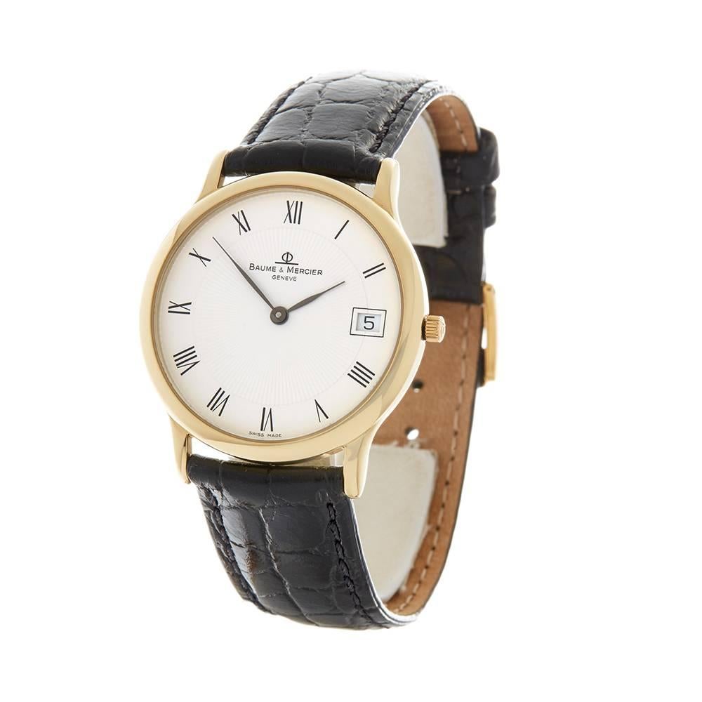 Xupes: W4503
Manufacturer: Baume & Mercier
Model: Classima
Model Ref: MV045077
Age: Circa 2000's
Gender: Men's
Box & and Papers: Box Only
Dial: White Roman
Glass: Plexiglass
Movement: Quartz
Water Resistance: To Manufacturers Specifications
Case: