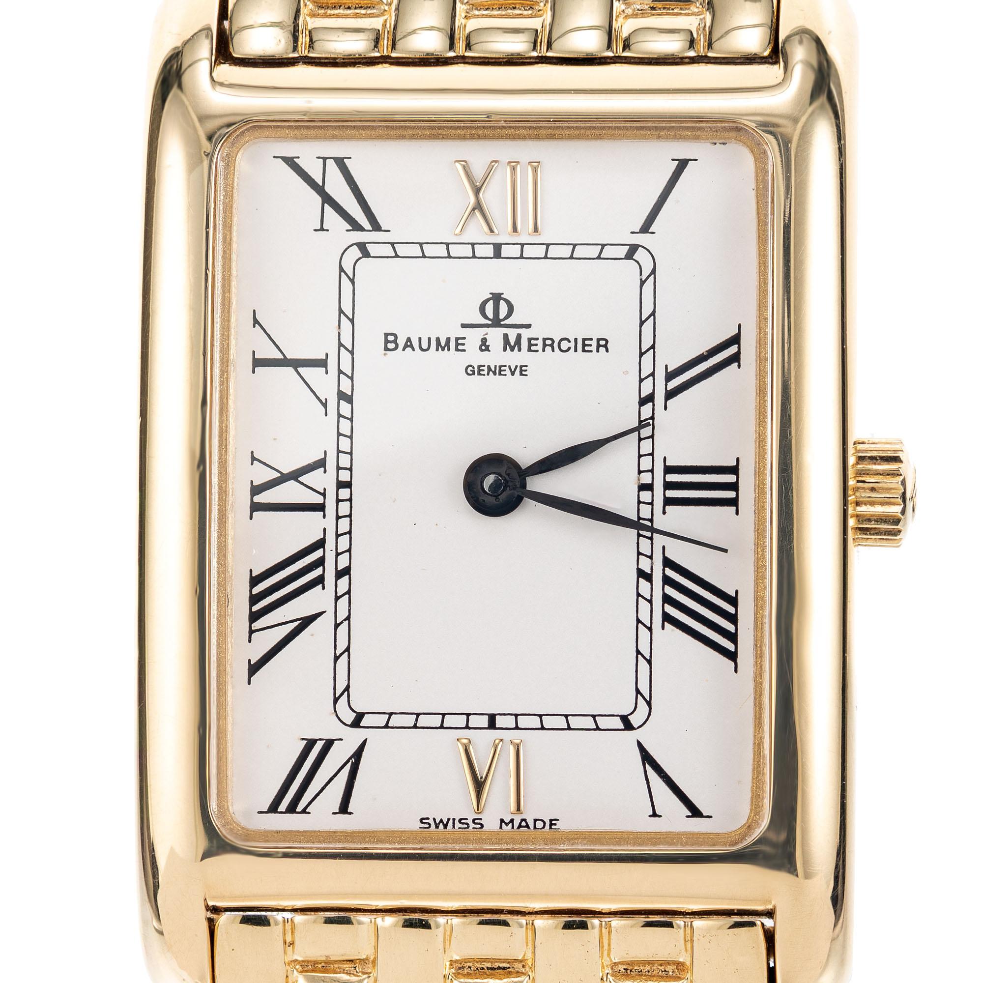 Classic Baume & Mercier 18k yellow gold ladies tank watch with a panther band and quartz movement with a length of 6.5 inches. This wristwatch is sleek, stylish, and beautifully crafted. With an extremely reliable accurate Swiss quartz movement,