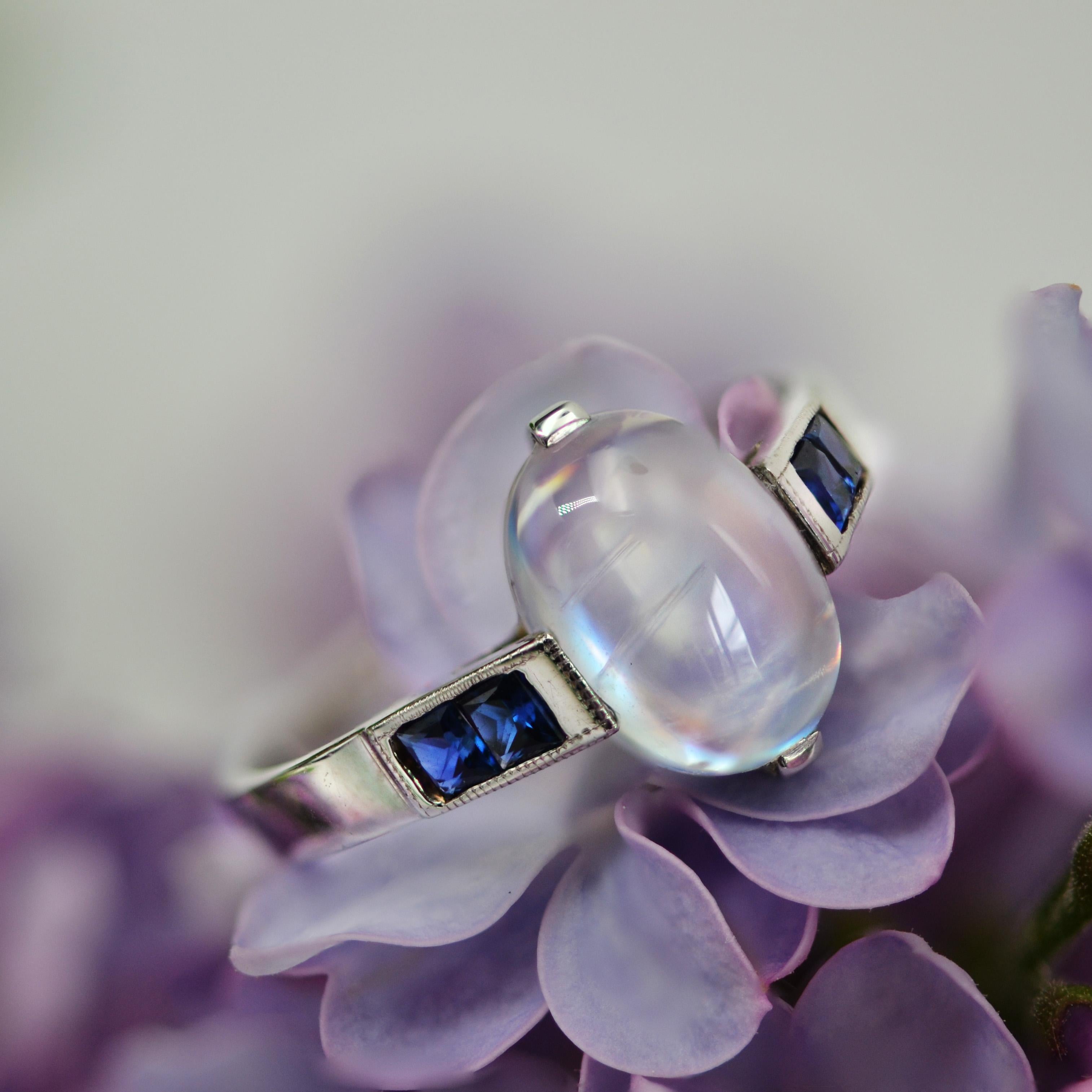Baume Art Deco Style 2.30 Carat Moonstone Calibrated Sapphire White Gold Ring For Sale 13