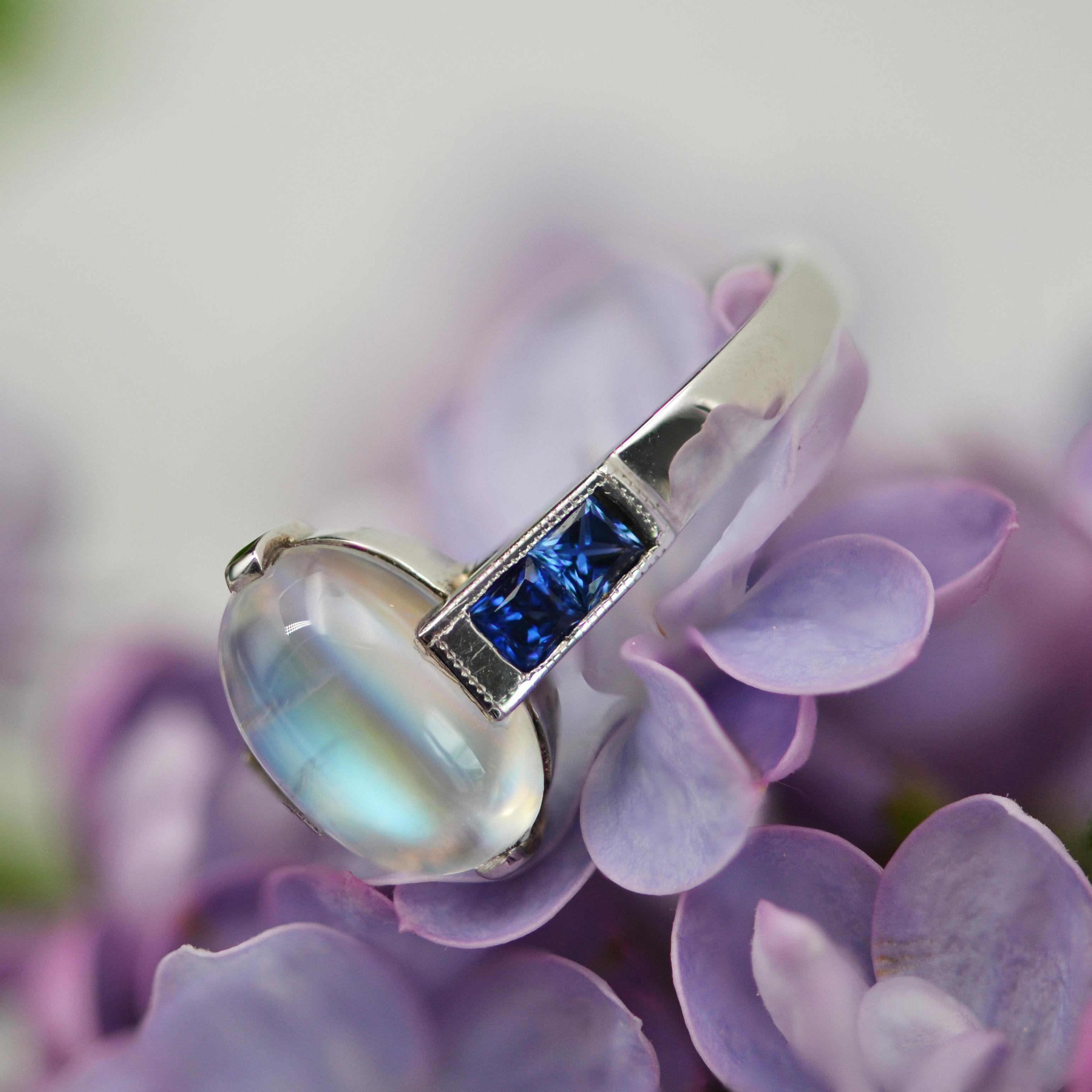 Baume Art Deco Style 2.30 Carat Moonstone Calibrated Sapphire White Gold Ring For Sale 9