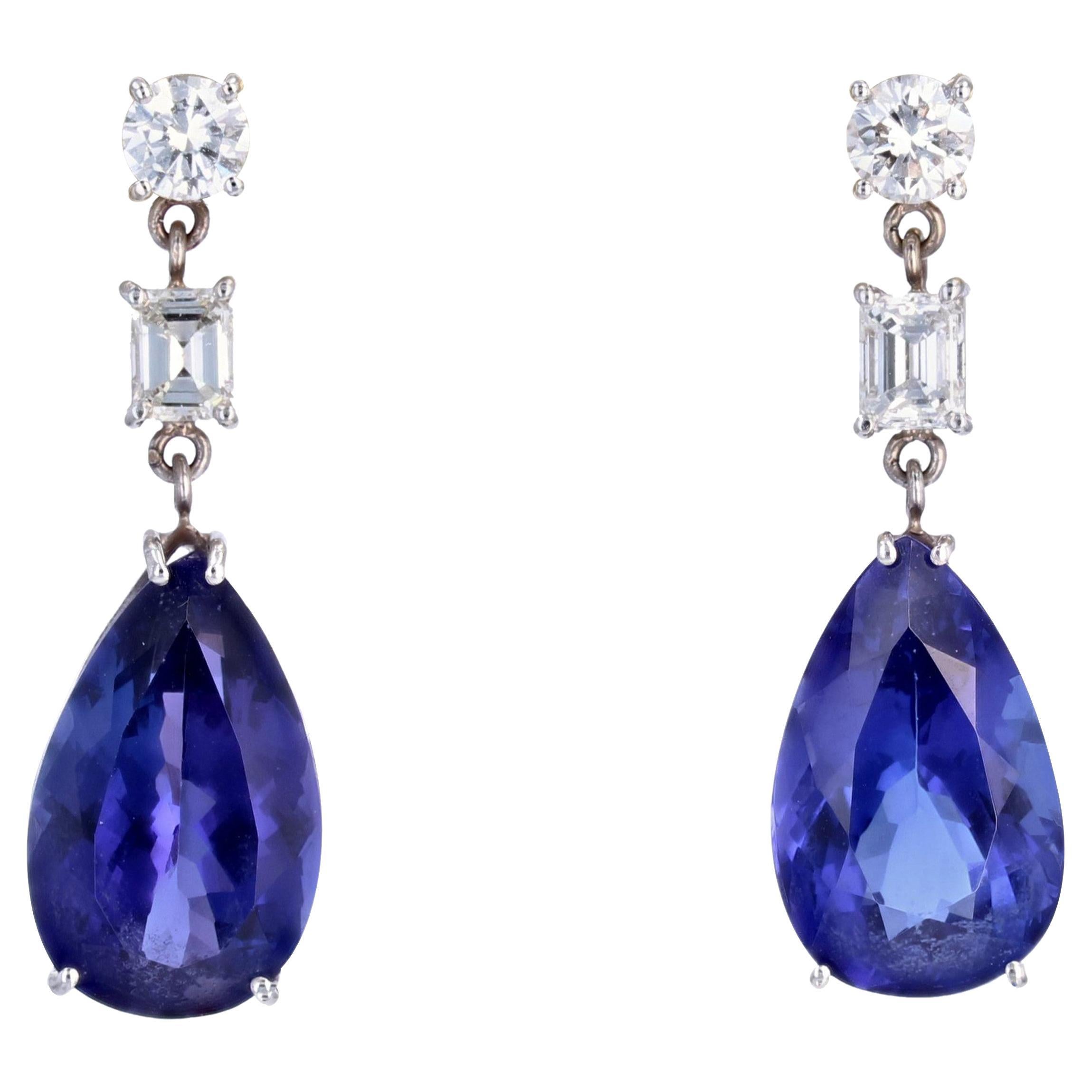 Baume Creation 16 Carats Tanzanite Diamond 18 Karat White Gold Dangle Earrings