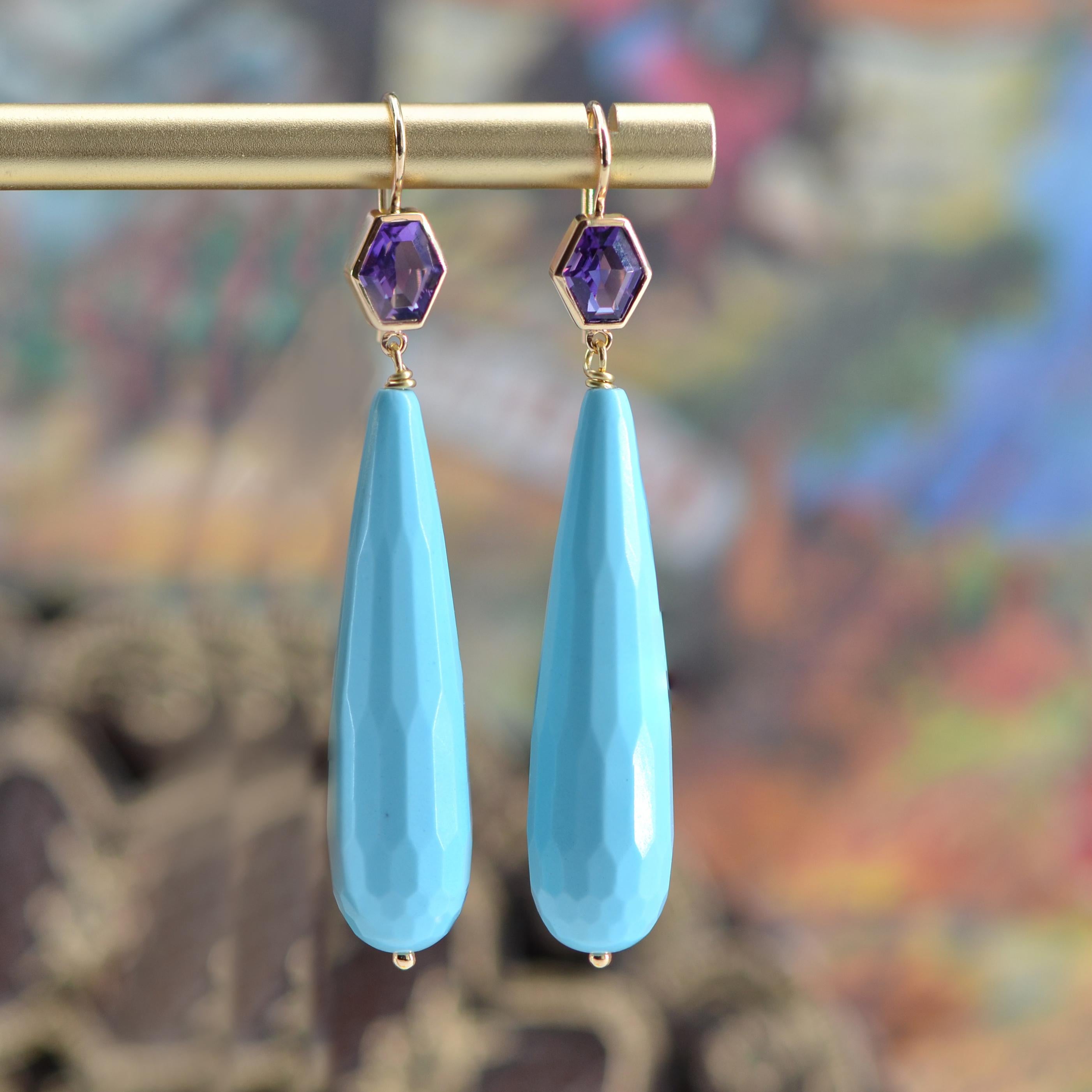 Baume Creation Amethyst Turquoise 18 Karat Yellow Gold Dangle Earrings In New Condition For Sale In Poitiers, FR