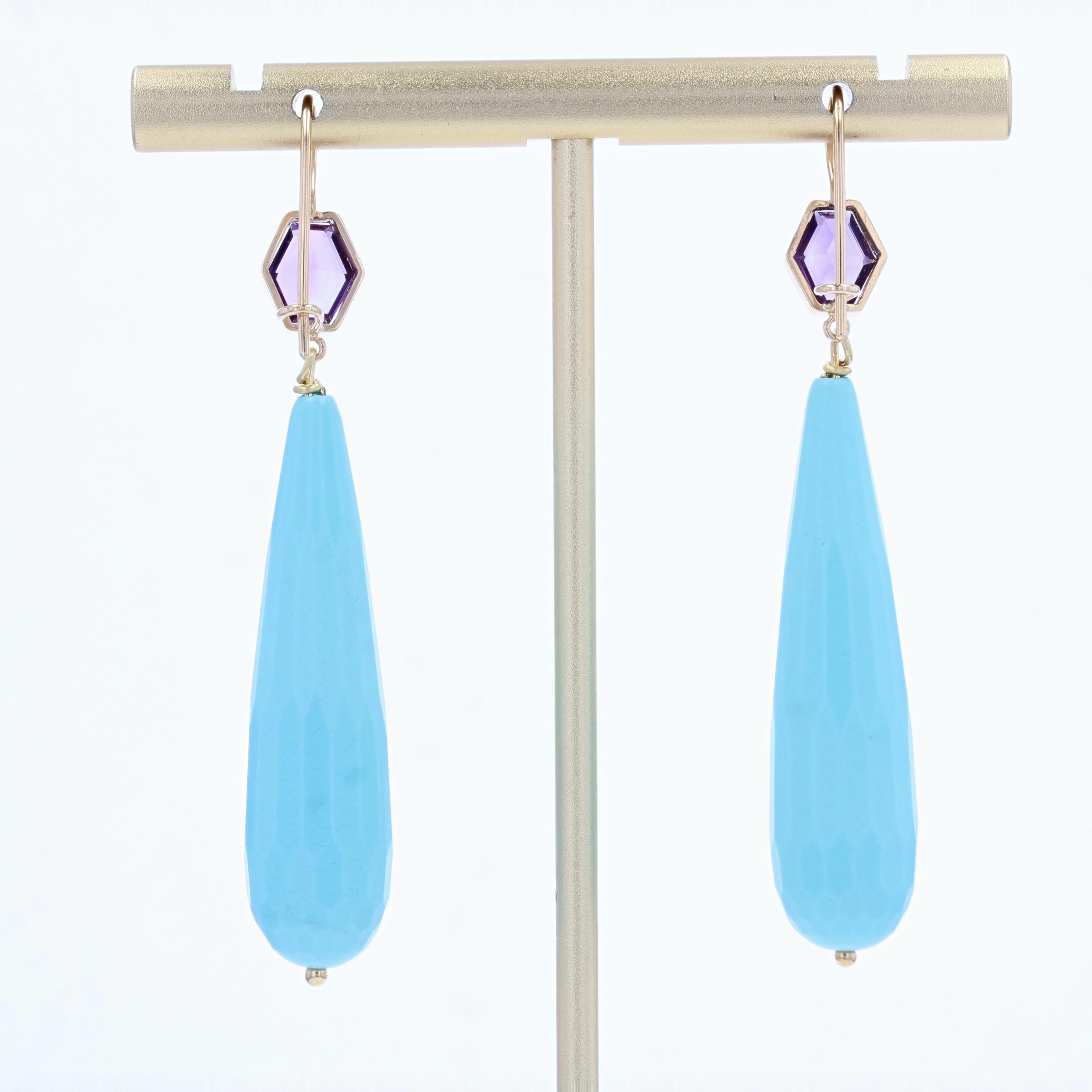 Baume Creation Amethyst Turquoise 18 Karat Yellow Gold Dangle Earrings For Sale 2