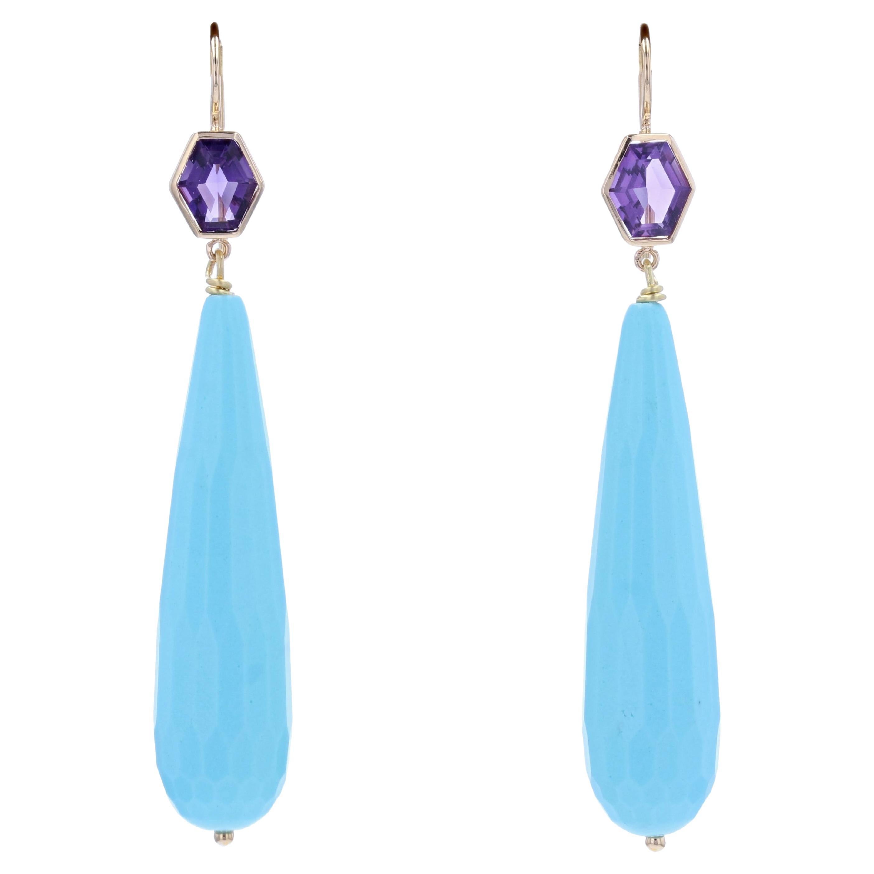 Pendientes Colgantes Baume Creation Amatista Turquesa Oro Amarillo 18 Kilates