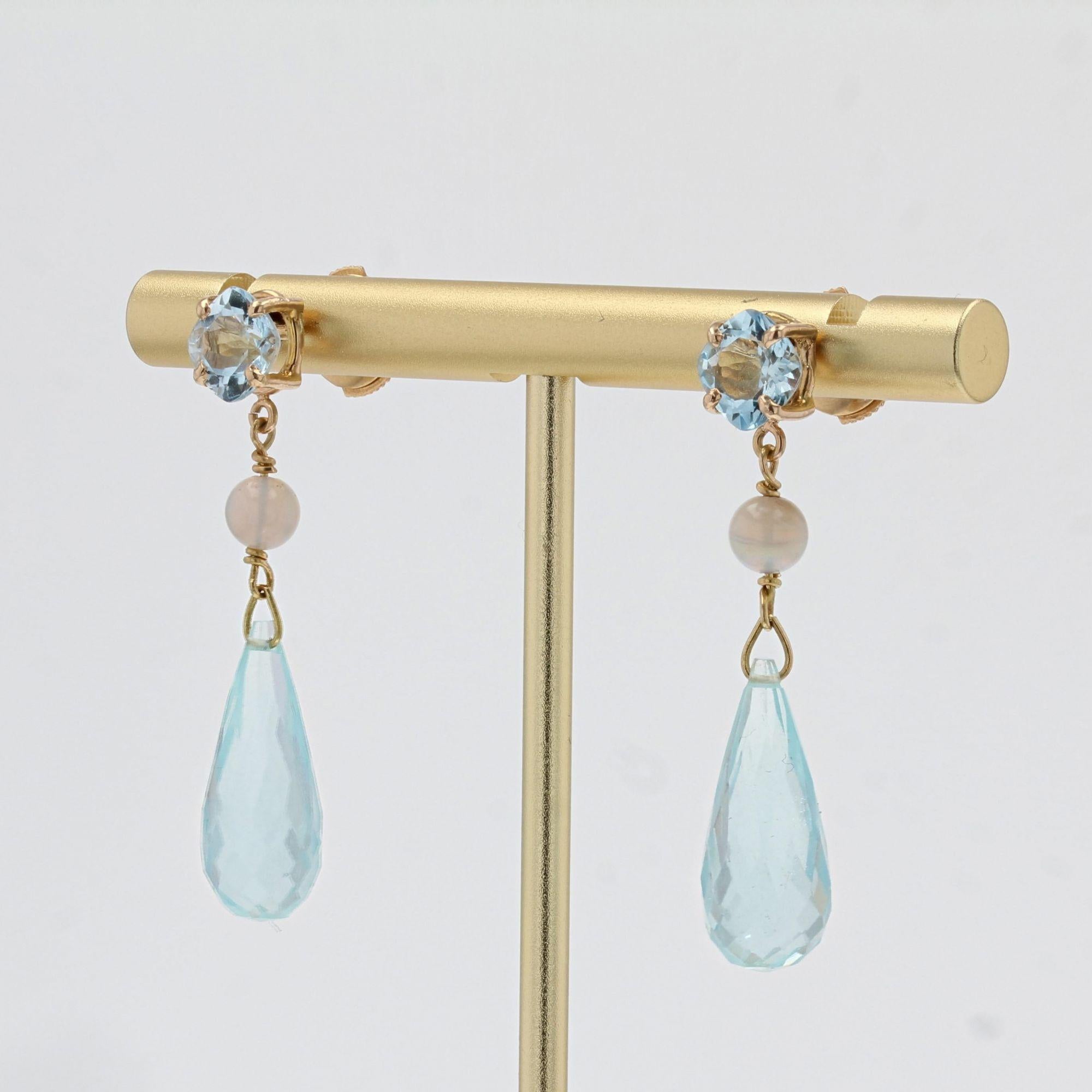 Baume Creation Aquamarine Opal 18 Karat Yellow Gold Earrings Pendants In New Condition In Poitiers, FR