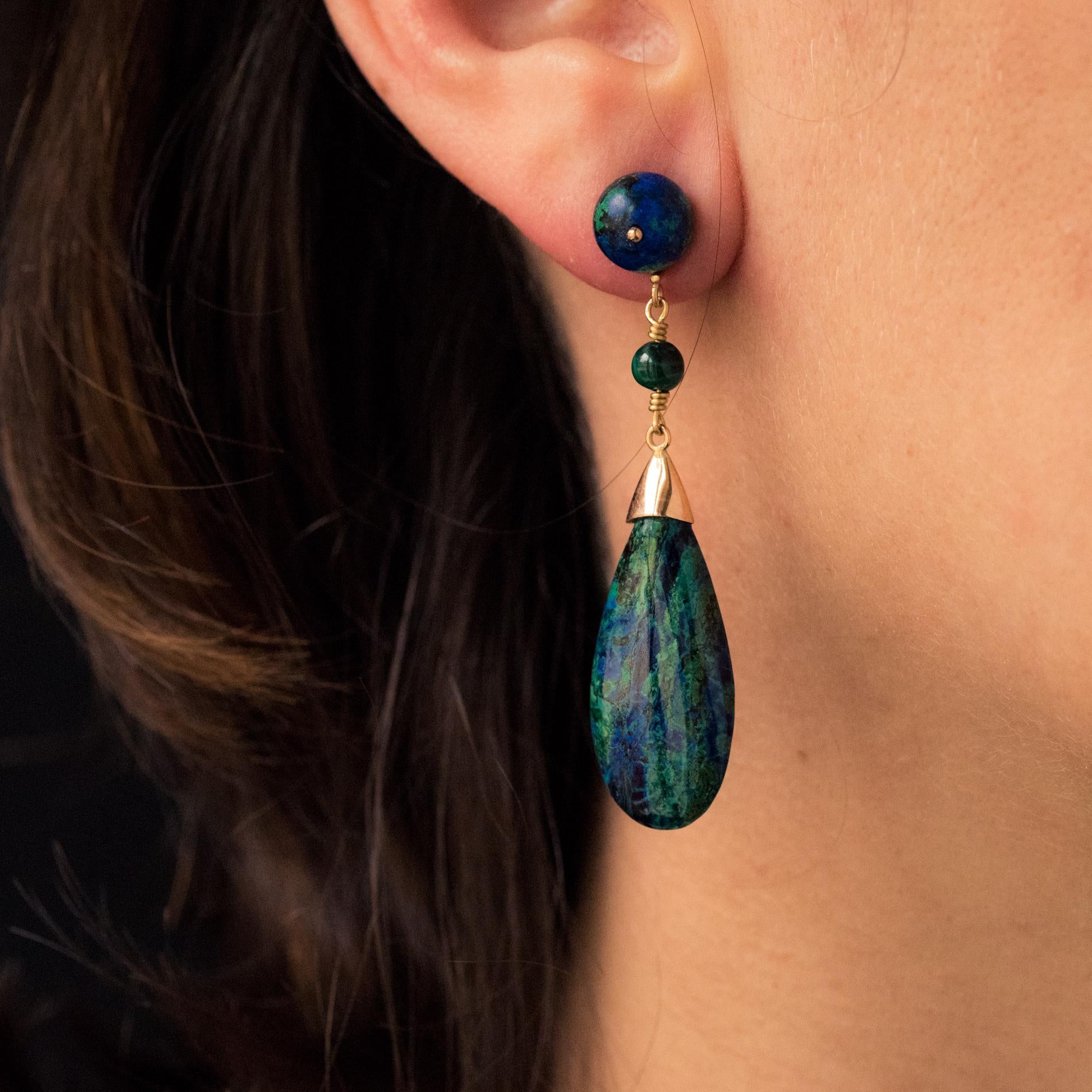 Creation Azurmalachite Malachite 18 Karat Yellow Gold Pendant Earrings In New Condition In Poitiers, FR