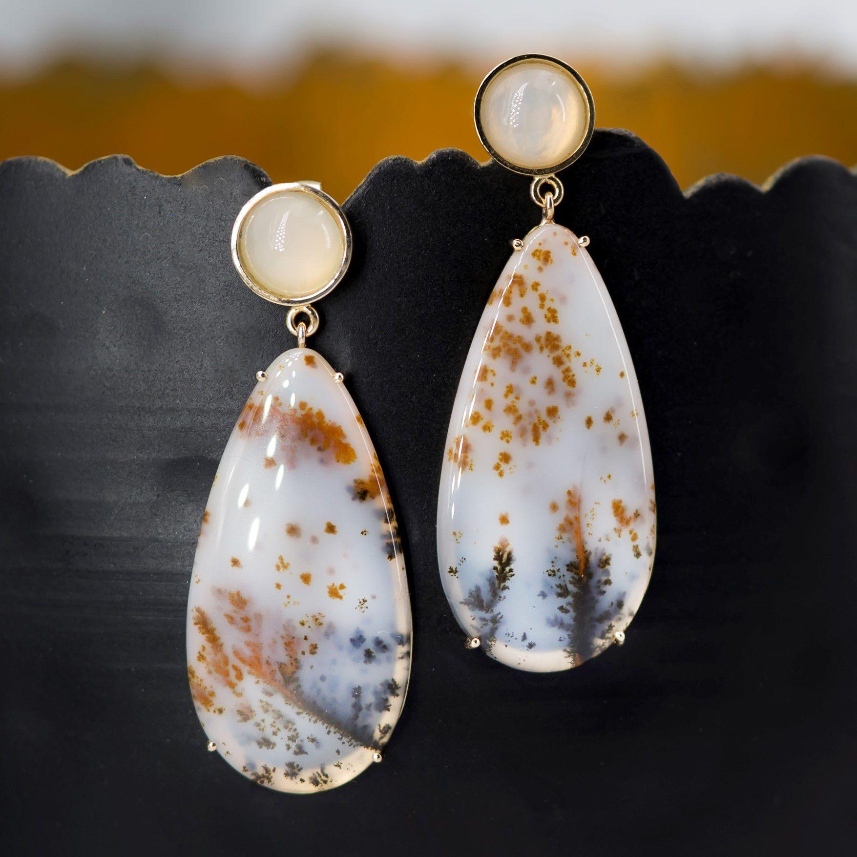 Women's Baume Creation Dendrite Agate Moonstone 18 Karat Yellow Gold Dangle Earrings For Sale