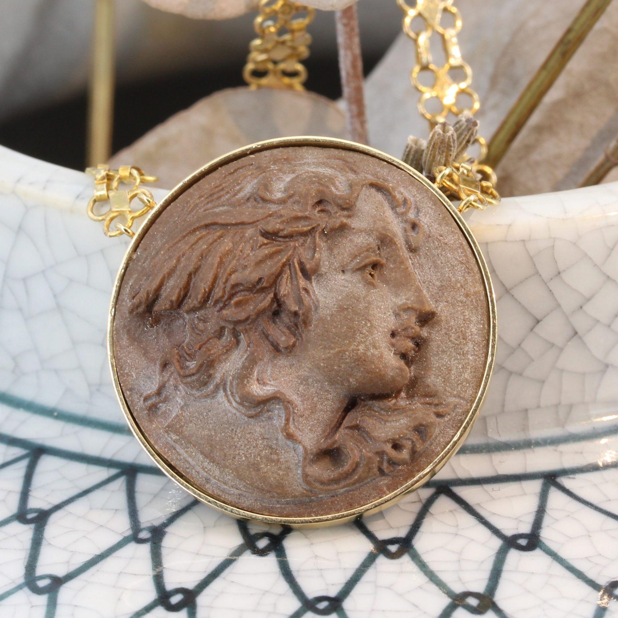 Women's Baume Creation Lava Stone Cameo 18 Karat Yellow Gold Necklace For Sale