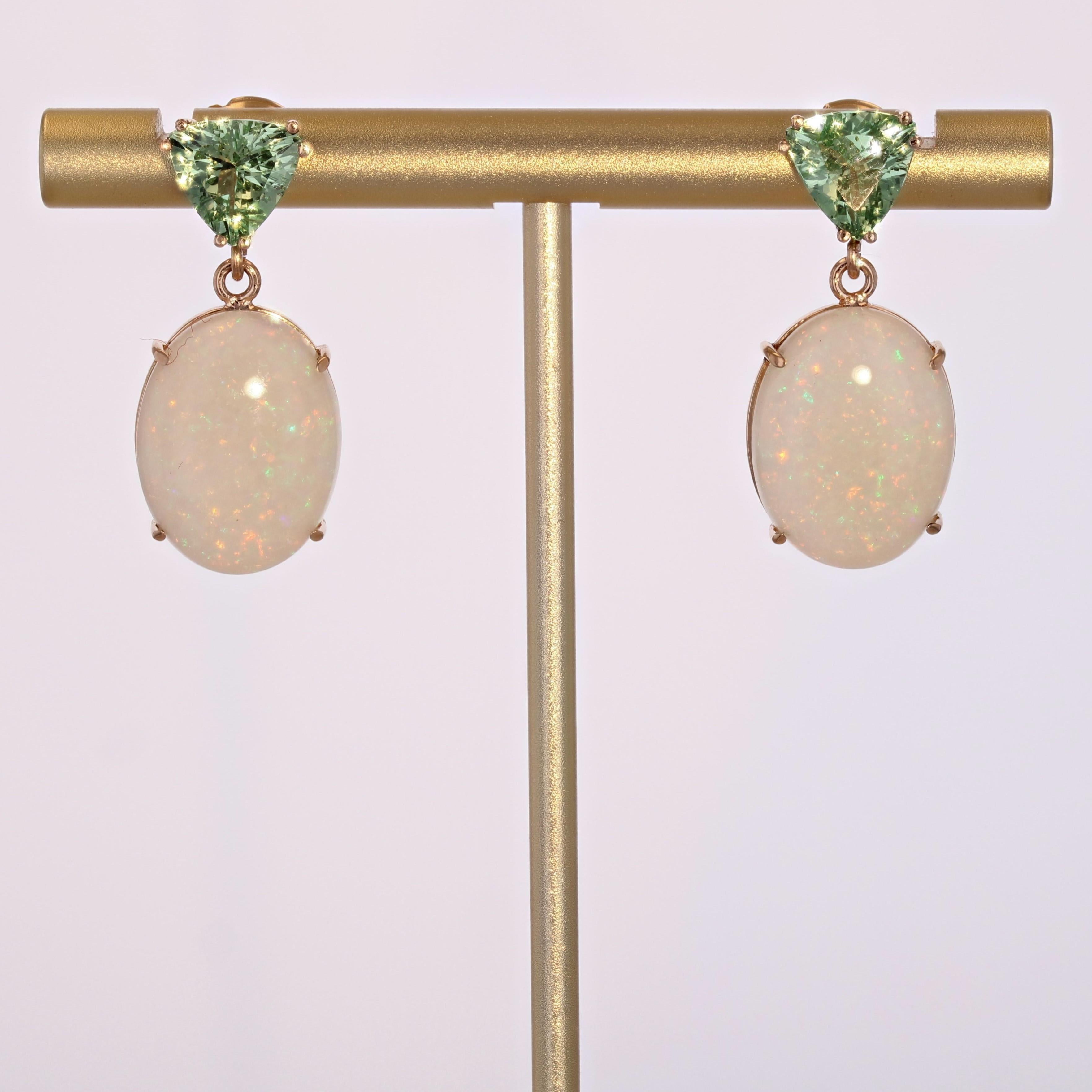 Baume Creation Opal Mint Garnet 18 Karat Yellow Gold Dangle Earrings For Sale 7