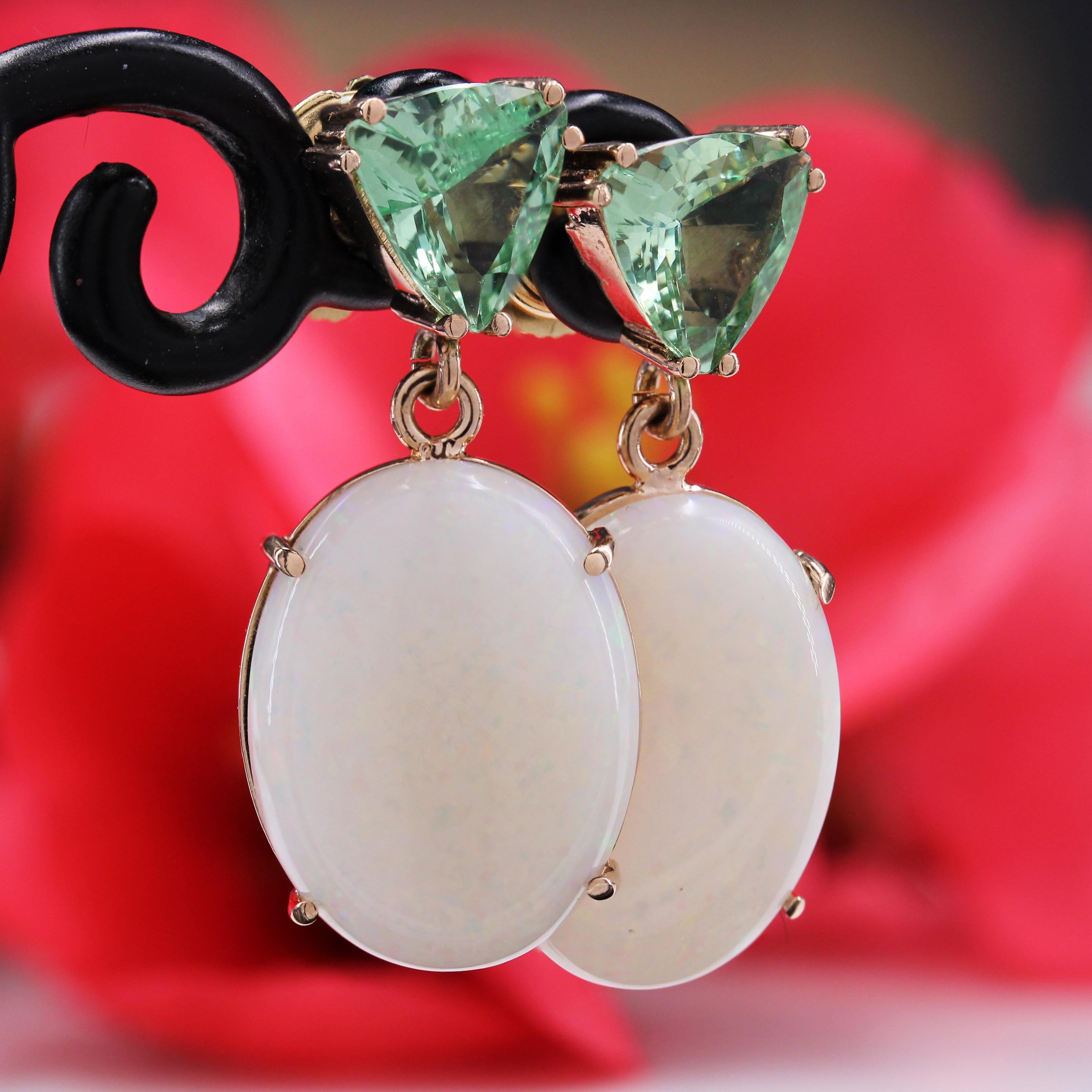 Modern Baume Creation Opal Mint Garnet 18 Karat Yellow Gold Dangle Earrings For Sale