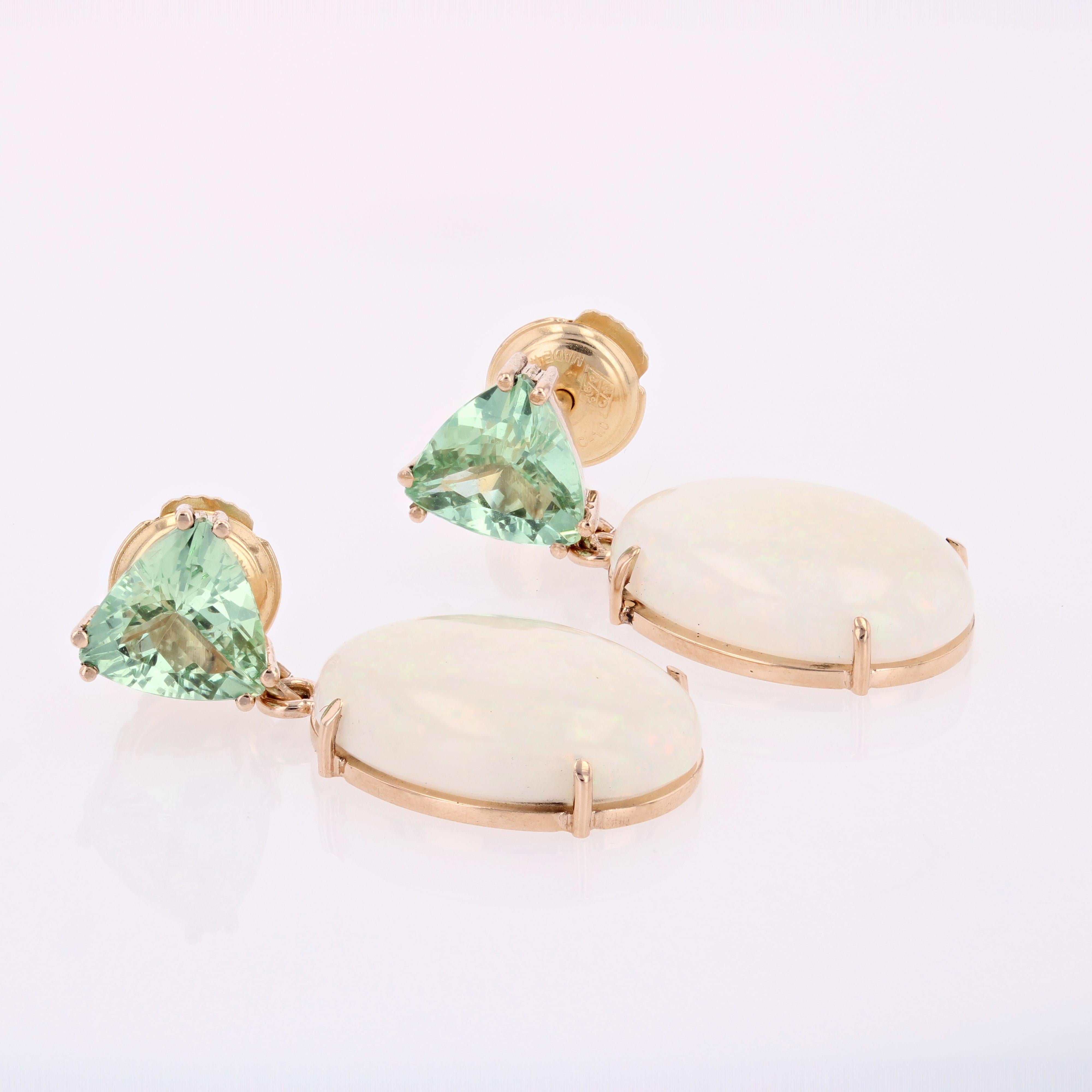 Cabochon Baume Creation Opal Mint Garnet 18 Karat Yellow Gold Dangle Earrings For Sale