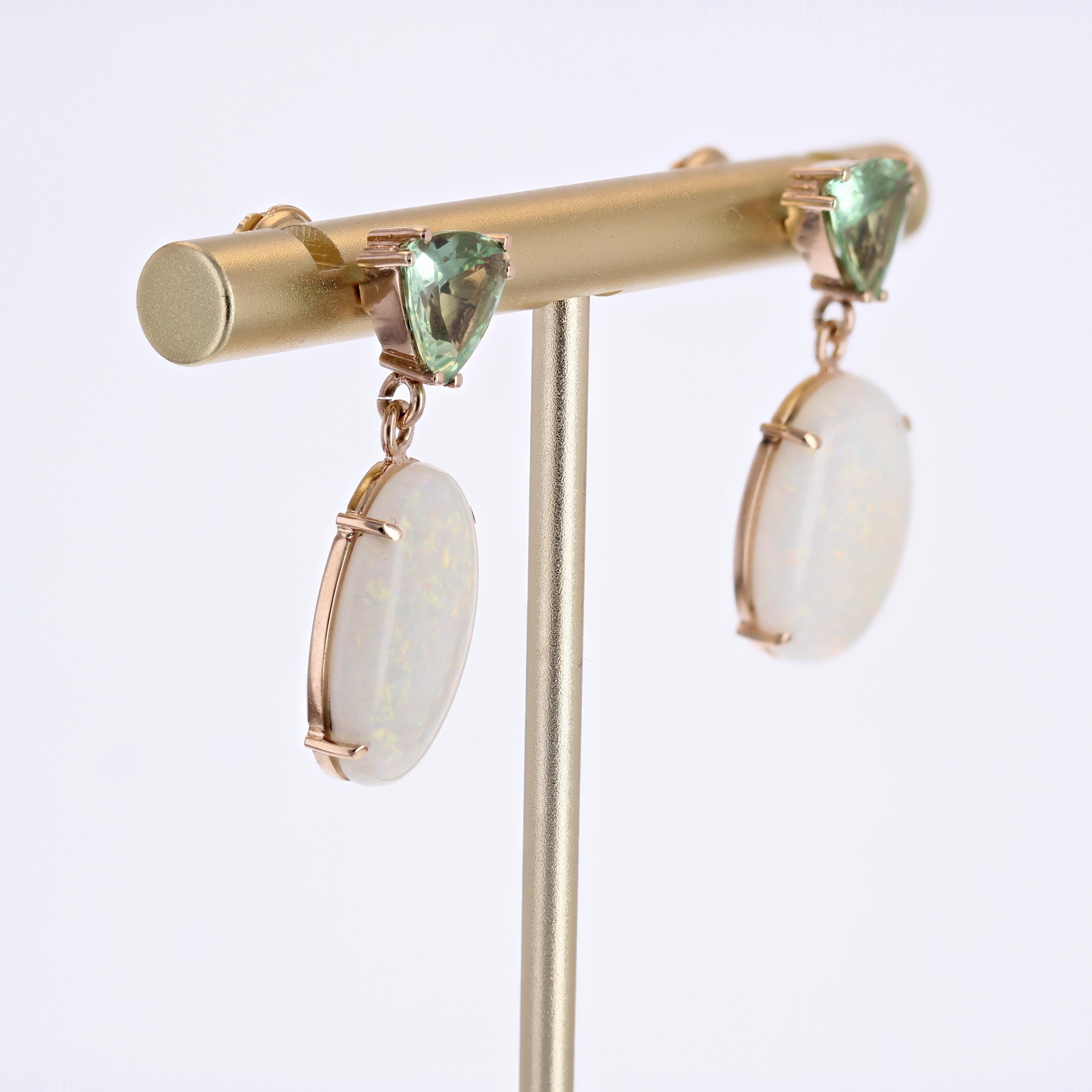 Baume Creation Opal Mint Garnet 18 Karat Yellow Gold Dangle Earrings For Sale 1
