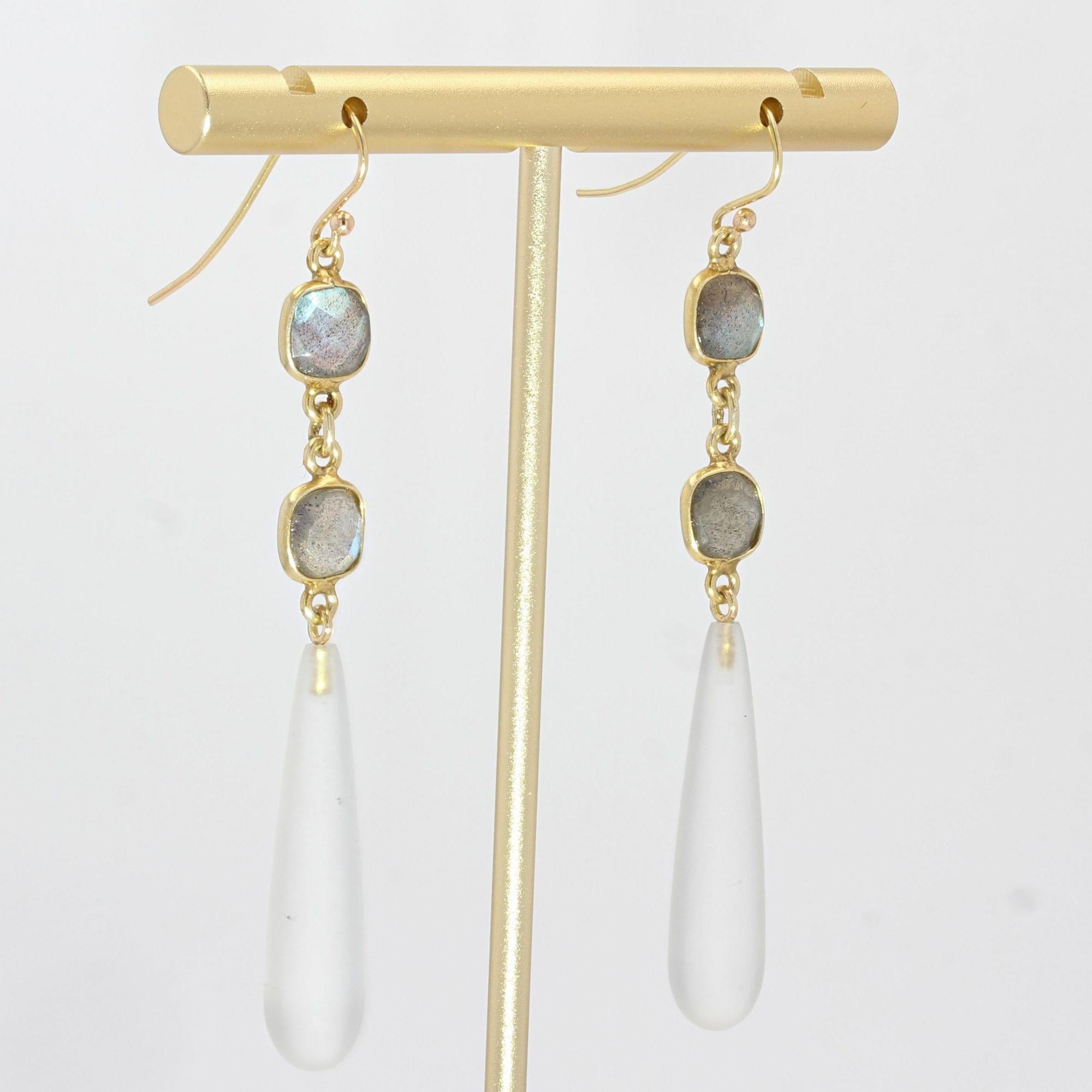 Baume Creation Polished Quartz Labradorites Yellow Gold Dangle Earrings In New Condition In Poitiers, FR