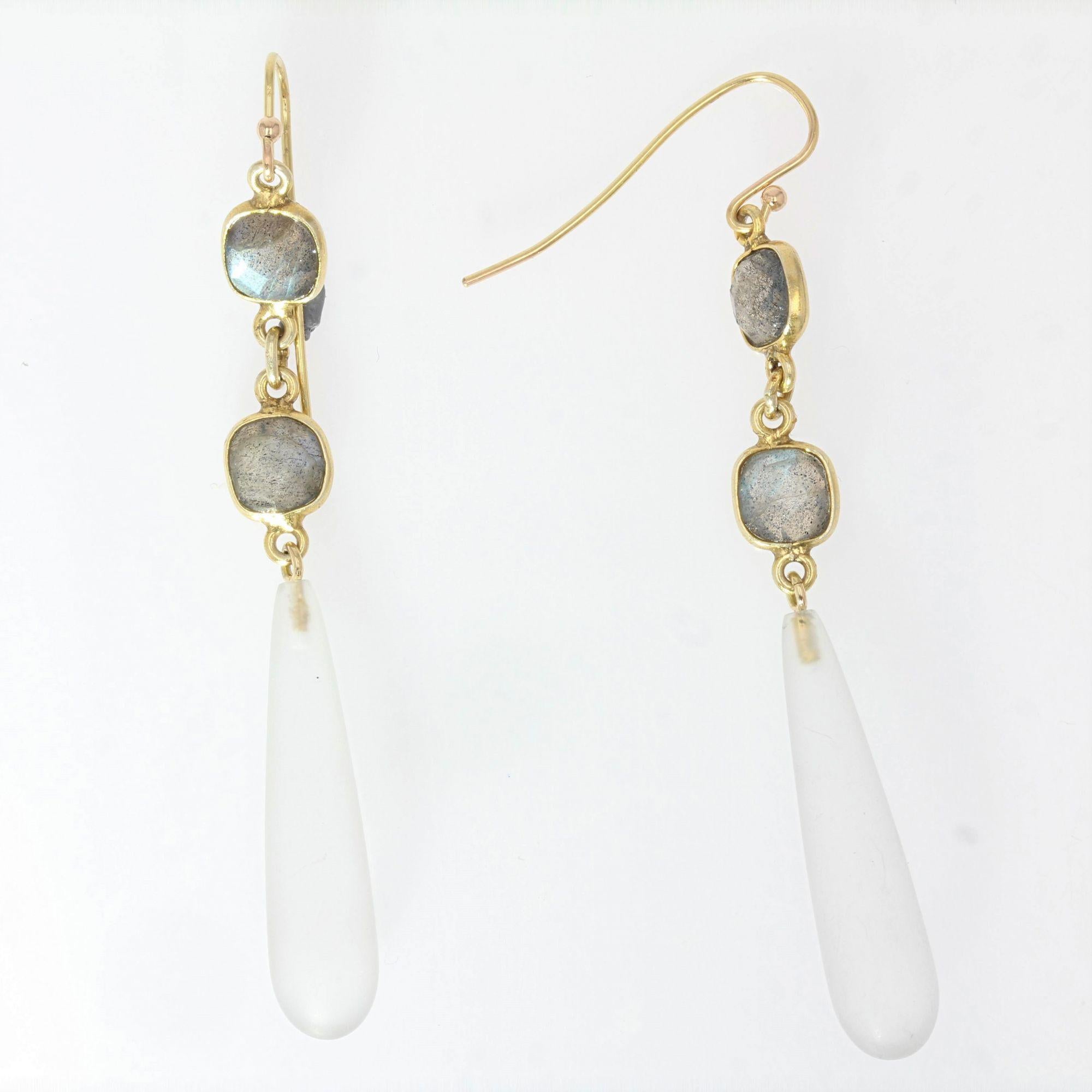 Baume Creation Polished Quartz Labradorites Yellow Gold Dangle Earrings 4