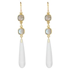 Baume Creation Polished Quartz Labradorites Yellow Gold Dangle Earrings