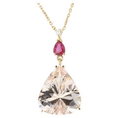 Baume Creation Ruby Diamond Morganite 18 Karat Yellow Gold Necklace