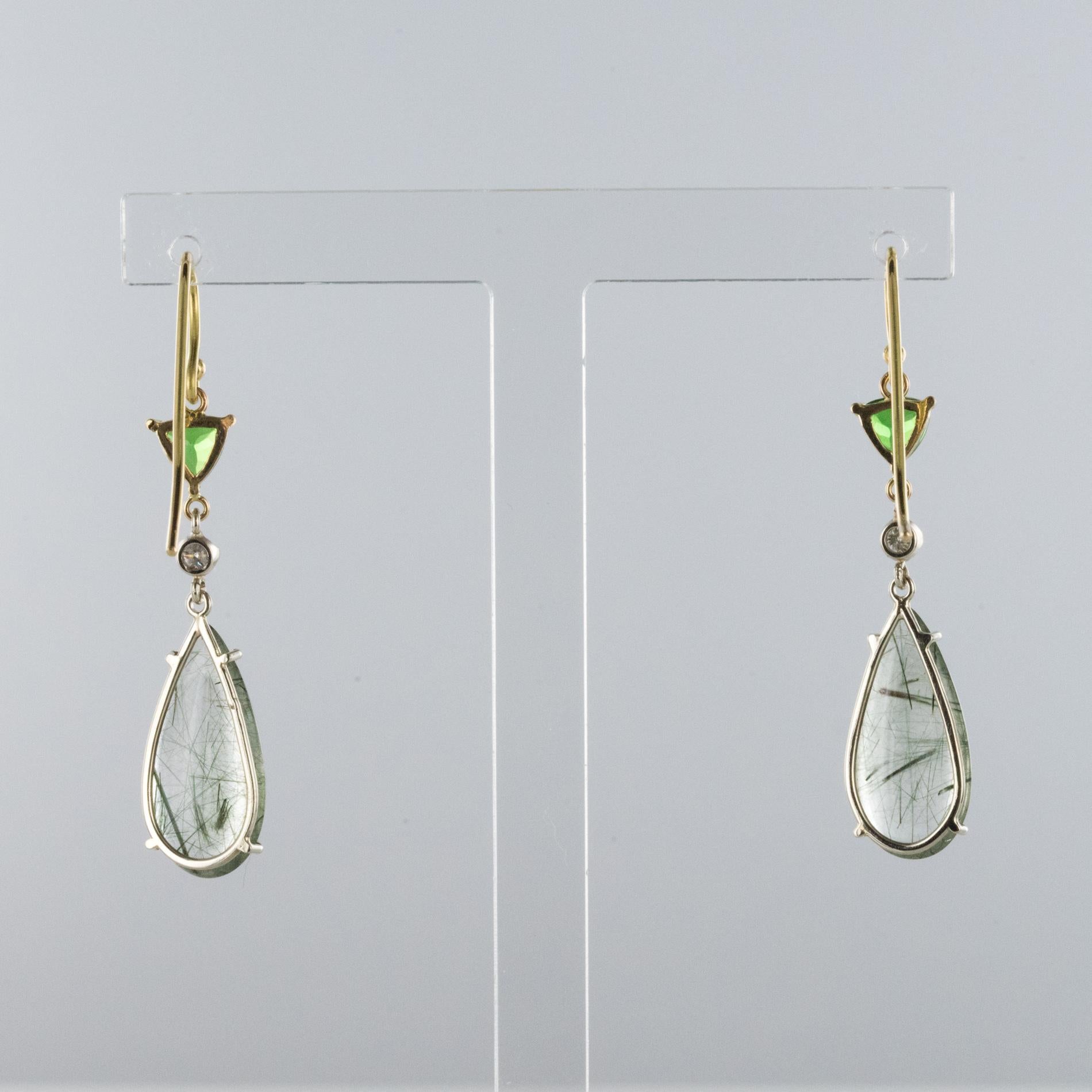 Baume Creation Rutilated Quartz Tsavorite Garnet Diamond Dangle Earrings For Sale 4