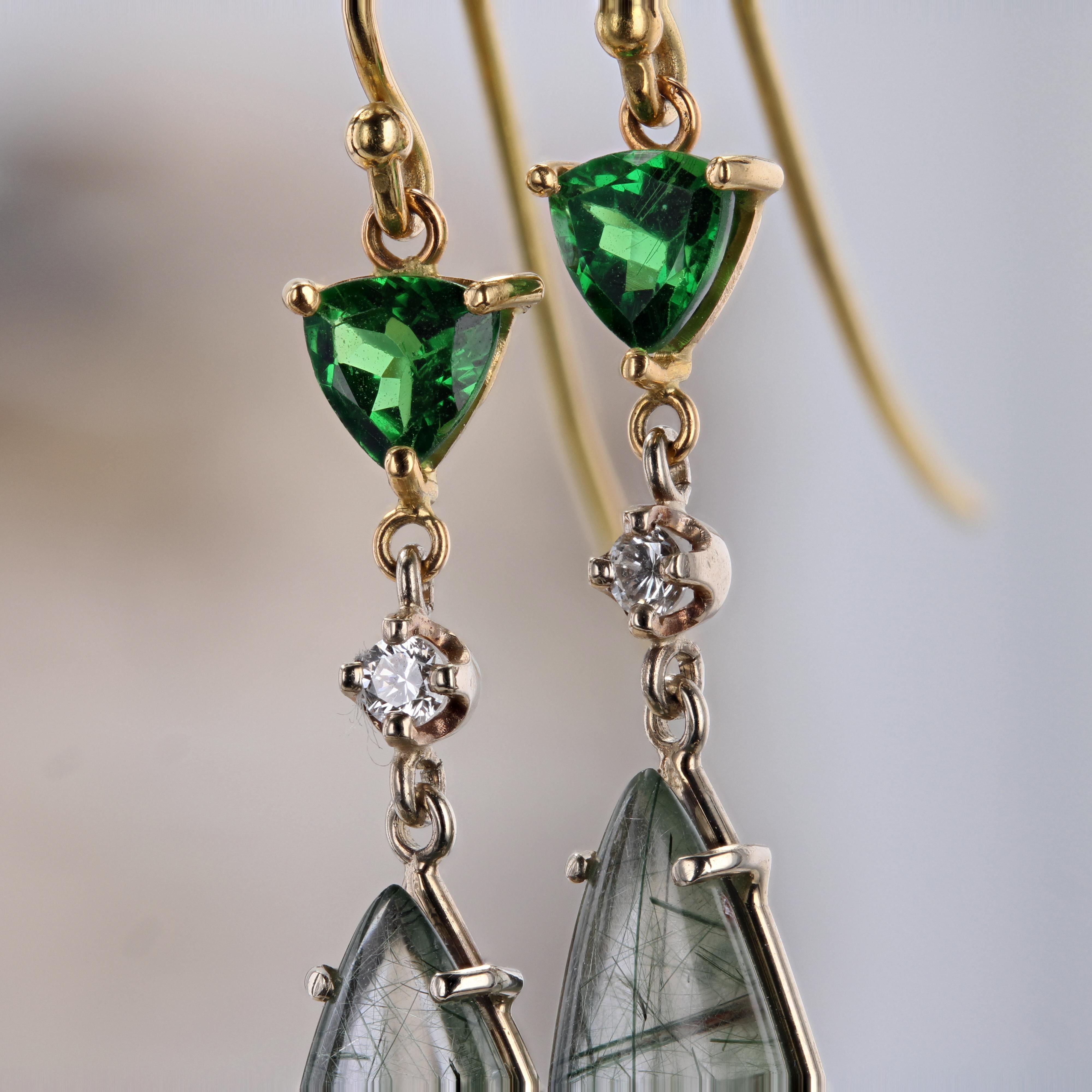 Baume Creation Rutilated Quartz Tsavorite Garnet Diamond Dangle Earrings For Sale 2