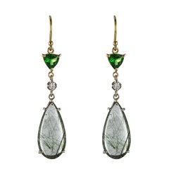 Baume Creation Rutilated Quartz Tsavorite Garnet Diamond Dangle Earrings