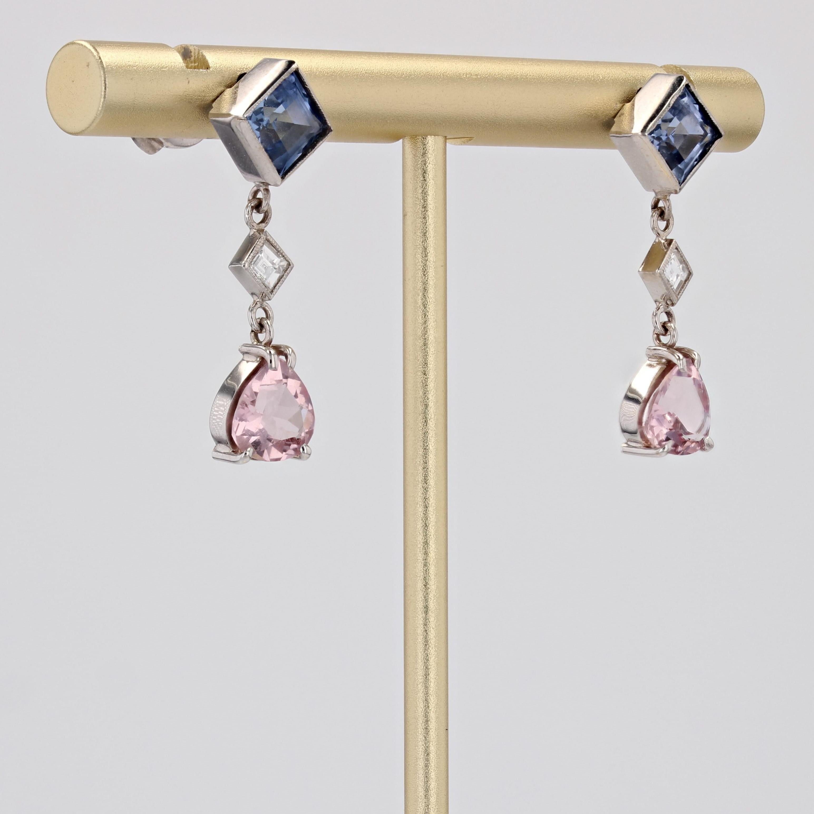 Square Cut Baume Creation Sapphire Diamond Morganite 18 Karat White Gold Pendant Earrings For Sale