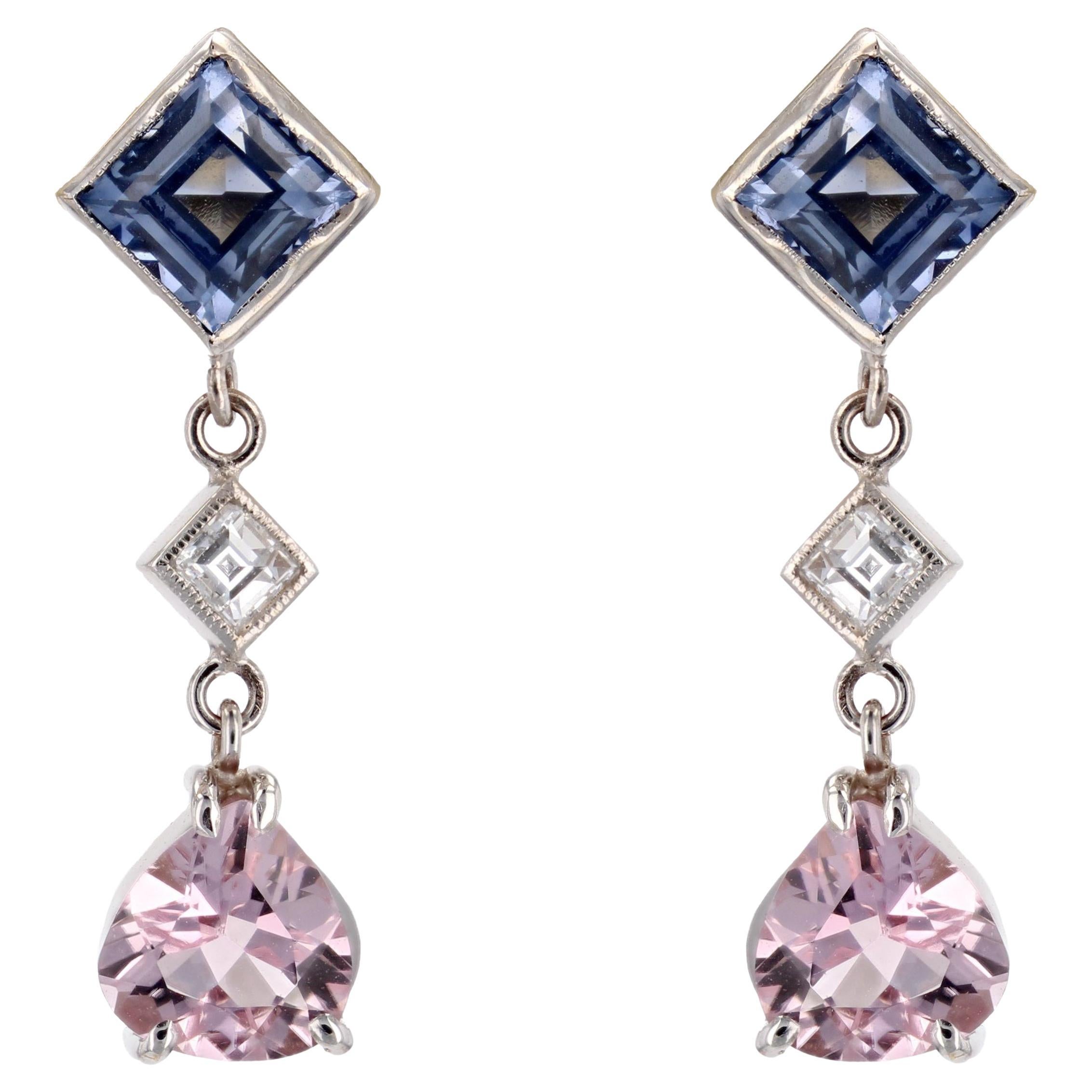 Baume Creation Sapphire Diamond Morganite 18 Karat White Gold Pendant Earrings For Sale