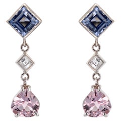 Baume Creation Sapphire Diamond Morganite 18 Karat White Gold Pendant Earrings